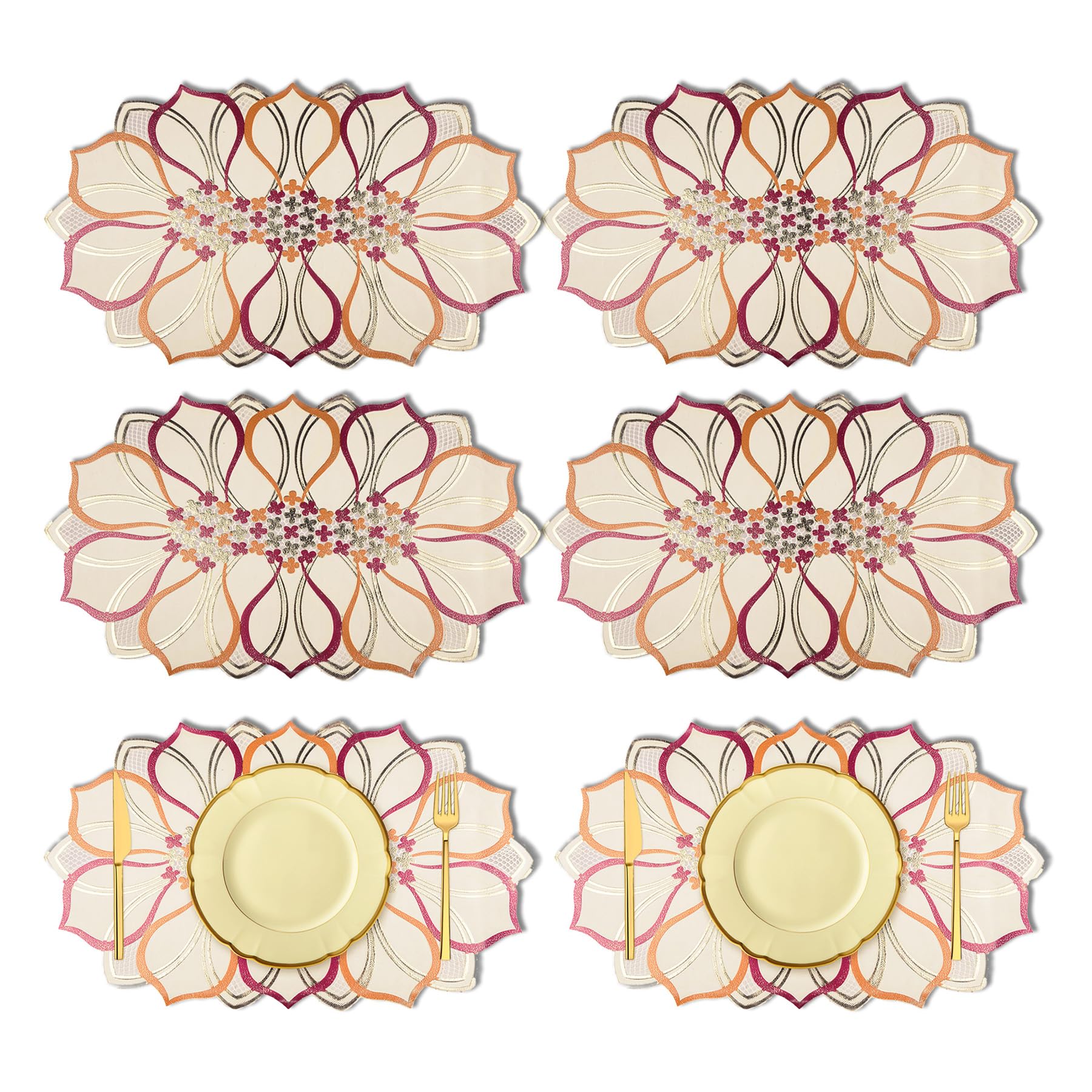 Premium Kuber Industries Placemats Set - 6-Piece Golden Leaf Design for Dining Table & Kitchen - Elegant Table Mats for Everyday Meals, Dinner Parties & Home Decor