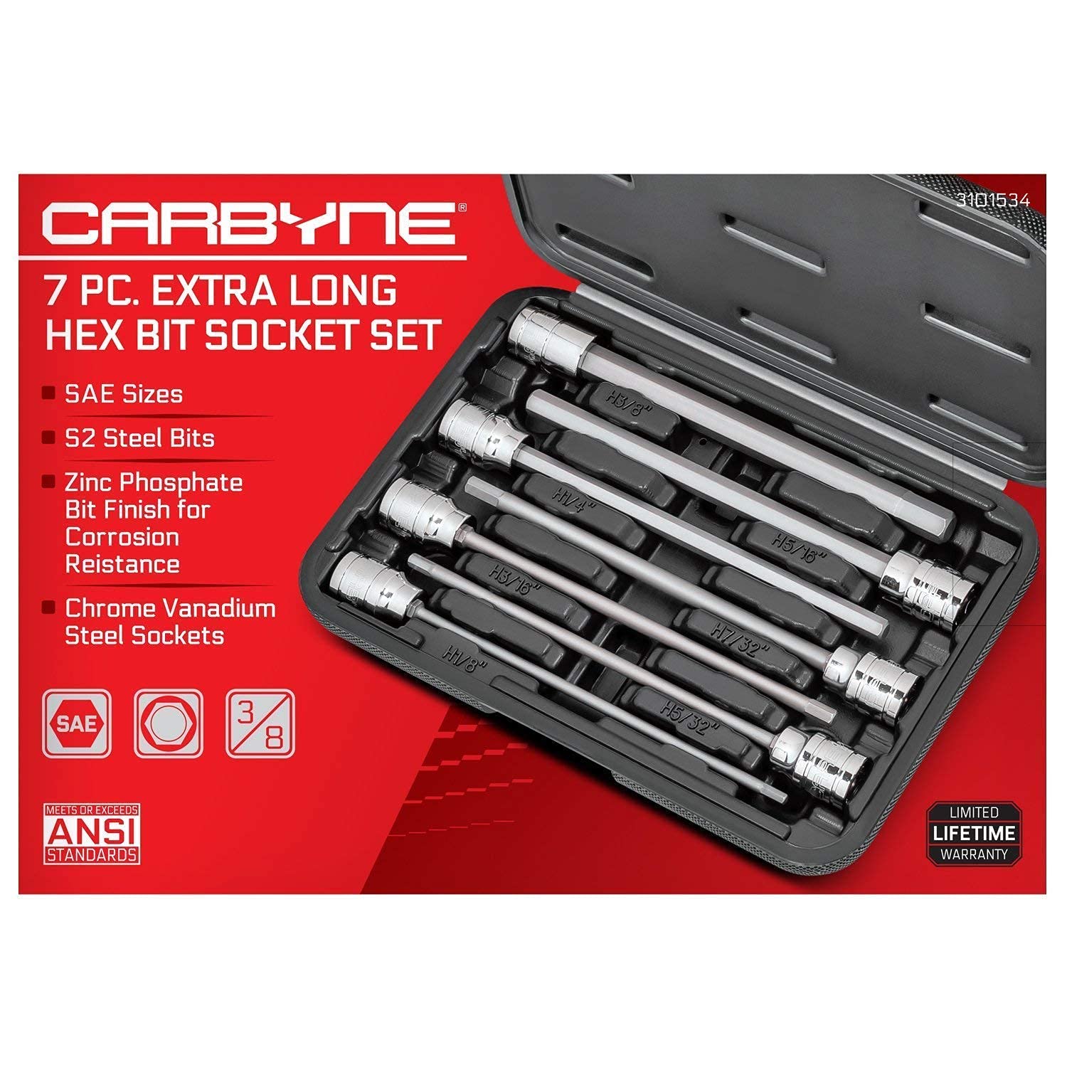 CARBYNE 47-Piece Hex Bit Socket Set - 33 Master + 7 Extra Long Metric & 7 Extra Long SAE - Professional Grade Tool Kit for Automotive Repair & DIY Projects