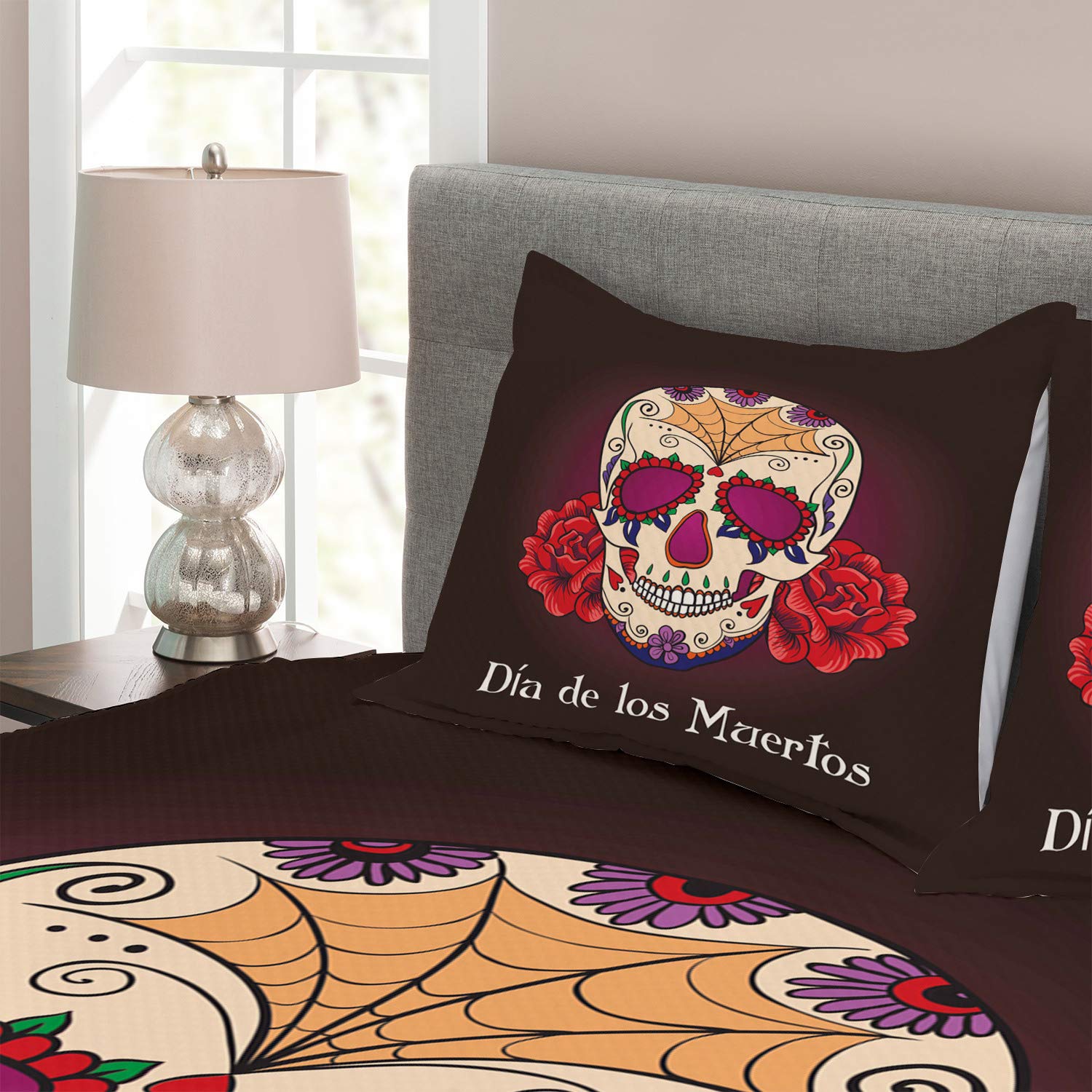 Ambesonne Day of The Dead Bedspread Set - Dia de Los Muertos Spanish Skull & Skeleton Print 3-Piece King Size Bedding (Coverlet + 2 Pillow Shams) in Plum Red Cream - Vibrant Mexican Theme for Halloween, Home Decor & Cultural Celebration