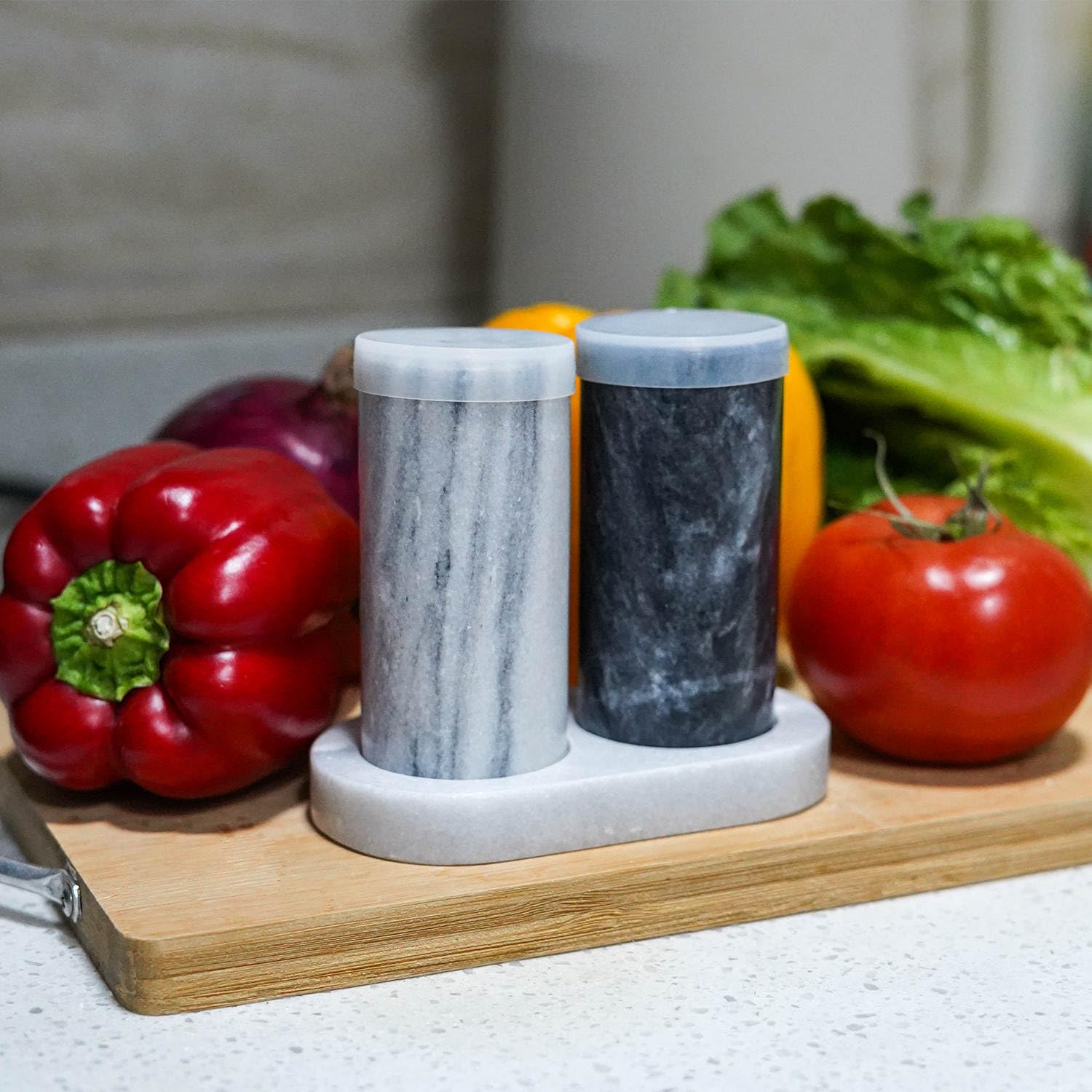 Premium Marble Salt and Pepper Shaker Set - Elegant Black & White Natural Marble with Matching Tray, Silicone Lids & Cleaning Brush - Luxury Kitchen Decor & Housewarming Gift for Dining Table, Kitchen Counter, and Wedding Registry