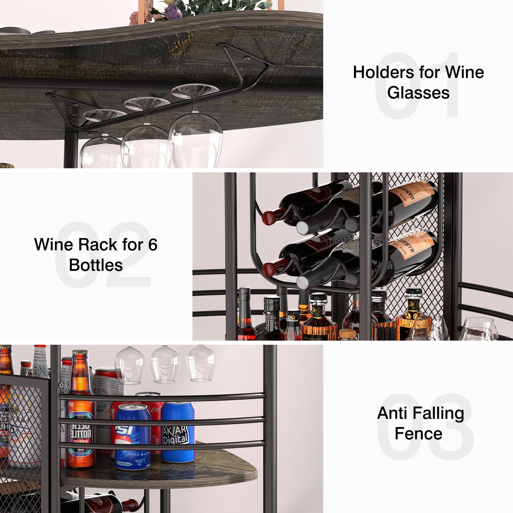 VECELO 3-Tier Industrial Home Bar Cabinet with Storage Shelves & Wine Glass Holder - Oak Finish Mini Coffee Bar Table for Kitchen, Living Room, Pub | Perfect for Entertaining, Small Space Storage & Home Decor