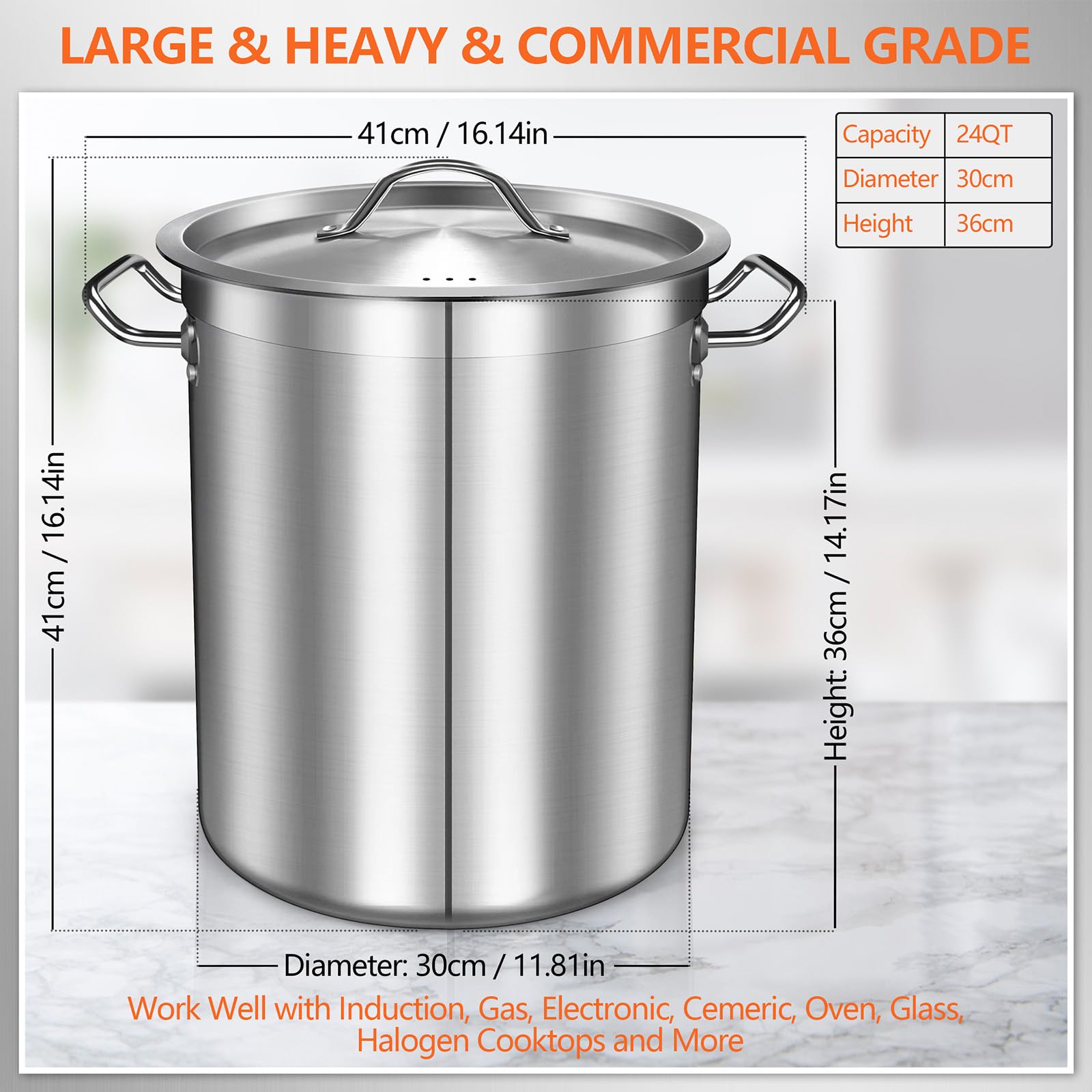 24 Quart Stainless Steel Stock Pot with Lid - Heavy Duty Large Cooking Pot for Soup, Stew, Pozole & More - Induction Compatible Big Pot for Home & Commercial Kitchens - Perfect for Family Meals, Meal Prep & Catering