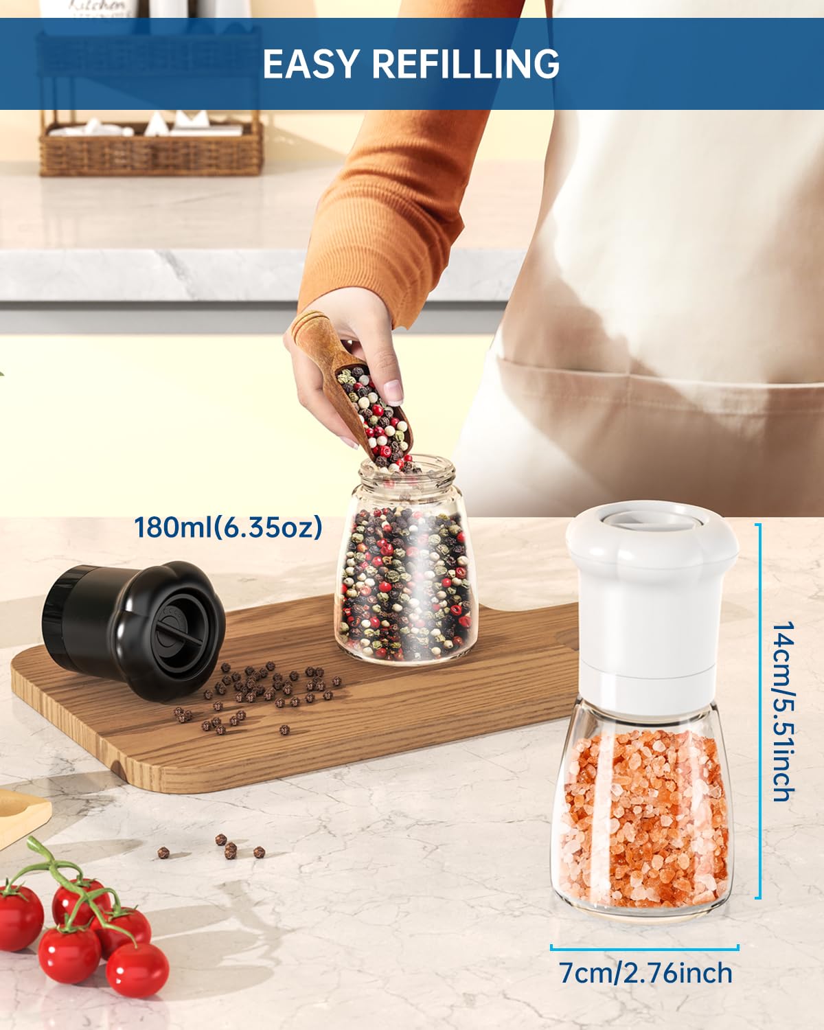 Premium Manual Pepper Grinder - Professional Chef Spice Mill with Ceramic Blades, Adjustable Coarseness & BPA-Free 180ml Glass Container - Ideal for Kitchen, Dining Table & Gourmet Cooking - Short Black Refillable Pepper Shaker