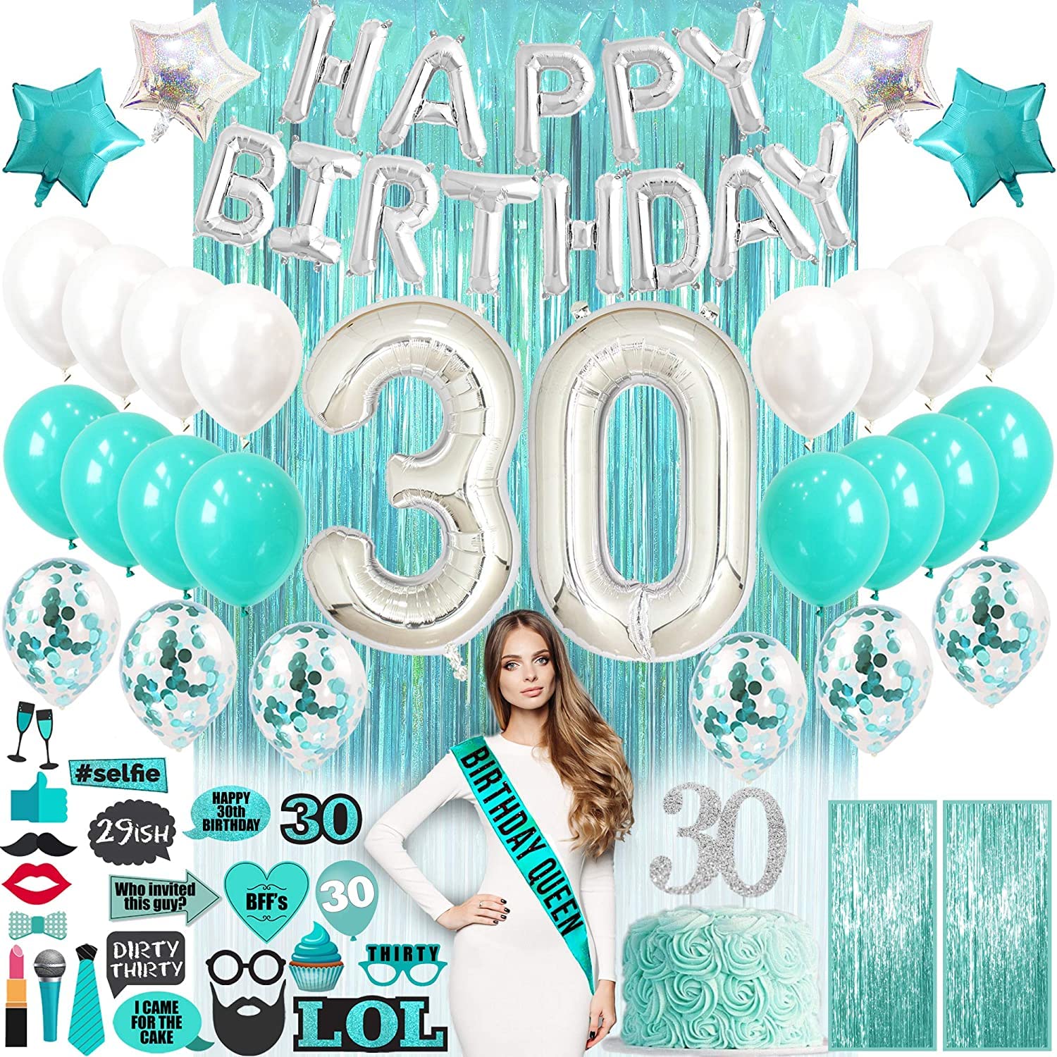 30th Birthday Party Decorations Kit for Women - 70 PCS Set with Happy 30 Balloon Numbers, Birthday Sash, Cake Topper, Teal Backdrop & Photo Props - Perfect for Milestone Celebrations, Surprise Parties & Instagram-Worthy Moments