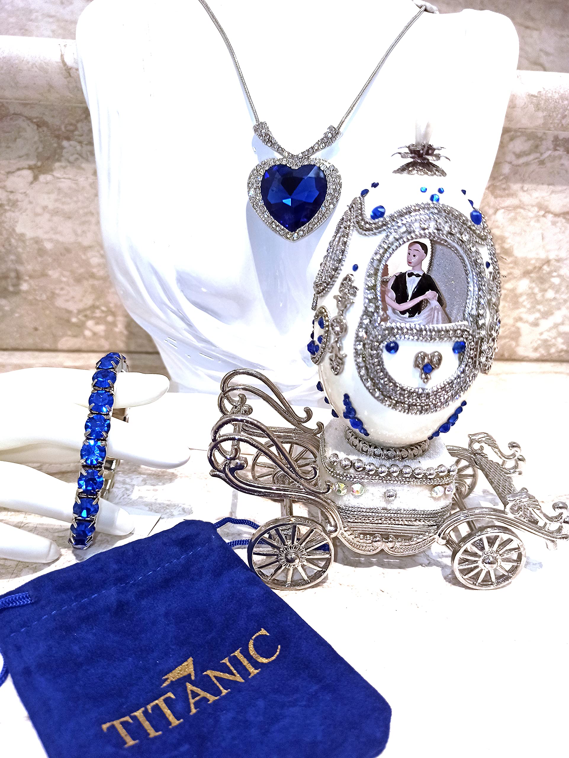 Exquisite Handcrafted Fabergé Egg Titanic Passion Jewelry Set - Silver Heart of the Ocean Necklace & Tennis Bracelet with Natural Sapphire, Unique Anniversary & Valentine's Gift for Weddings, Romantic Occasions and Special Celebrations
