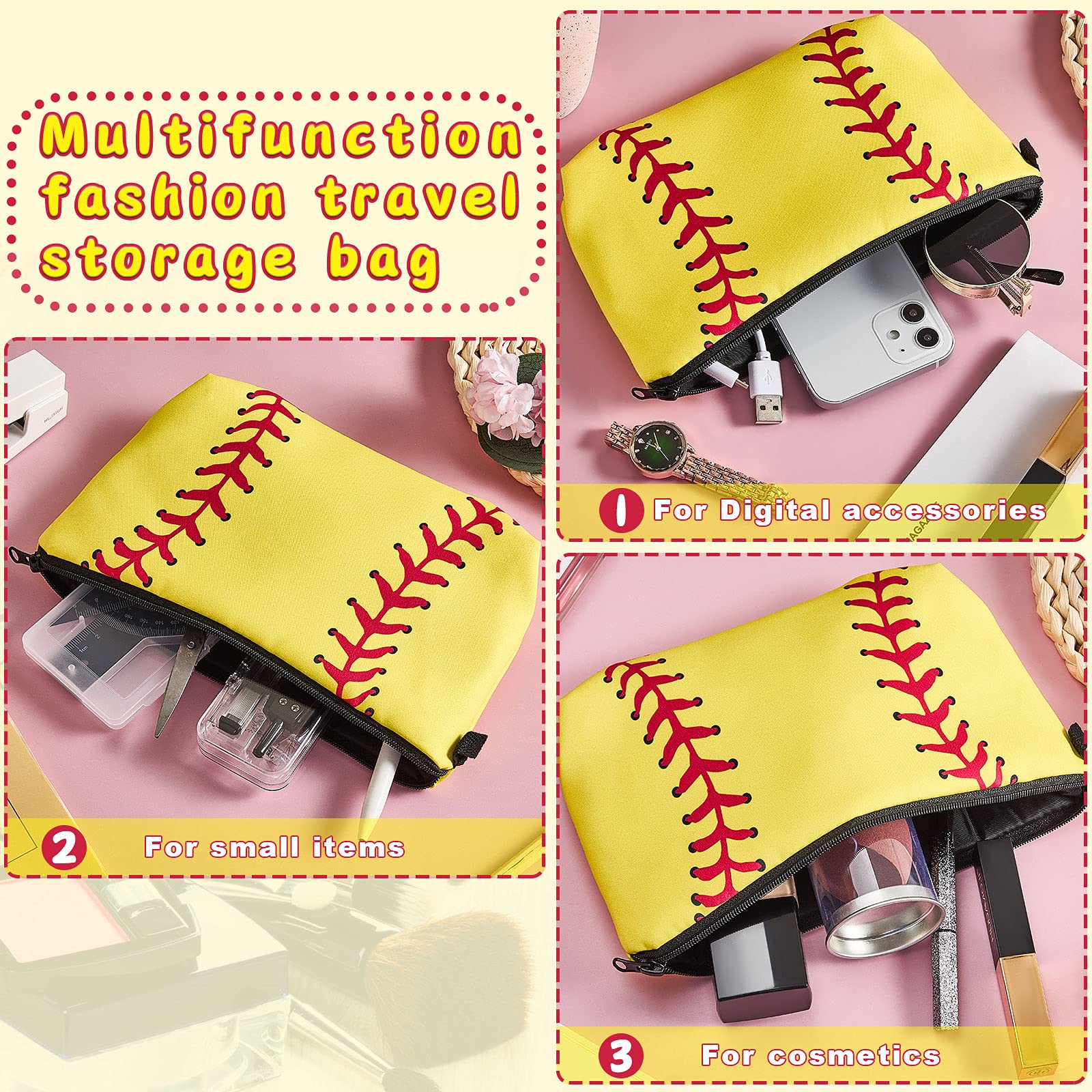 4 Pack Softball Makeup Bags - Waterproof Cosmetic Pouches for Baseball & Travel - Zippered Toiletry Organizer for Women, Girls, Athletes & Moms - Perfect for Gym, Sports Team, Vacation & Daily Use (Yellow)