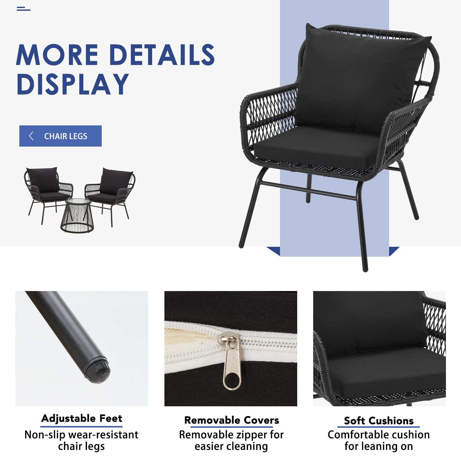 EROMMY 3-Piece Outdoor Bistro Set with Tempered Glass Table & 2 Ergonomic Armchairs - Black Patio Furniture for Garden, Balcony or Backyard Relaxation