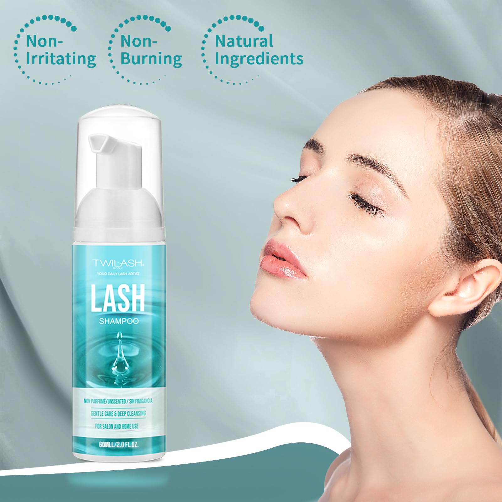 Unscented Eyelash Extension Shampoo - 2 Fl Oz (60ml) with 2 Cleansing Brushes - Professional & Home Use Lash Cleanser for Safe Daily Cleaning & Salon Care