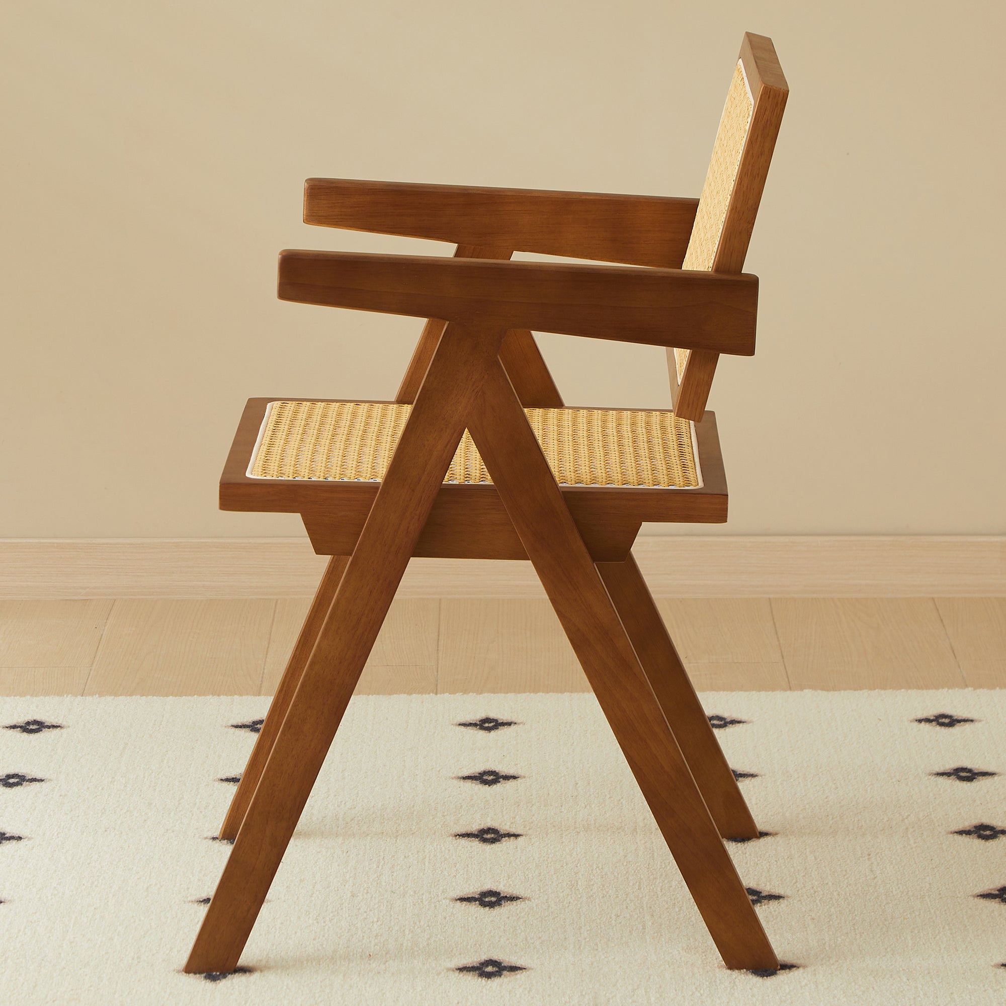 Solid Wood Dining Chairs with Armrests - Natural Rubber Wood & Rattan Woven Design for Kitchen, Dining Room, or Outdoor Patio