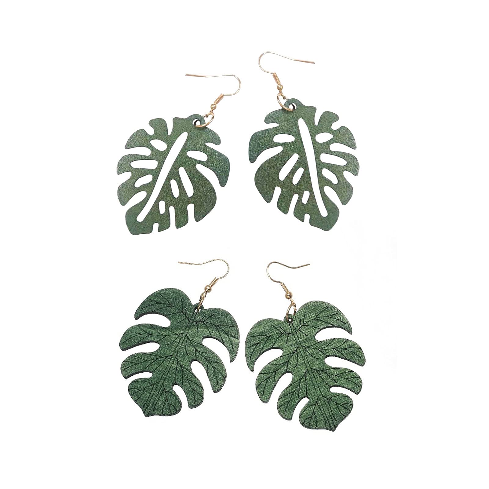 2 Pairs Natural Wooden Monstera Leaf Stud Earrings for Women - Tropical Plant Palm Leaf African Style Handmade Ethnic Jewelry - Perfect for Boho, Beach, and Summer Outfits