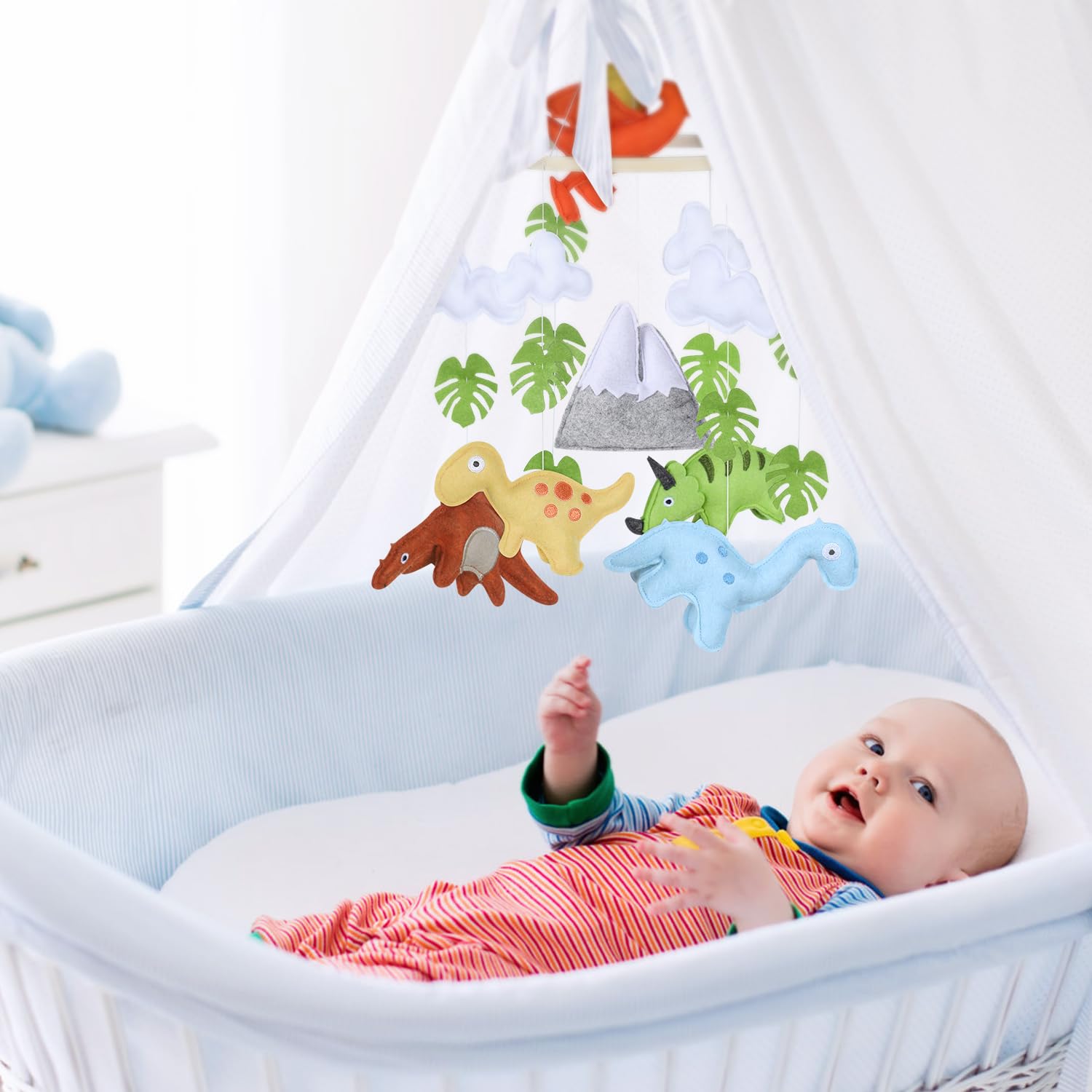 CLYMENE Dinosaur Baby Mobile for Crib - Handmade Felt Dinosaur Nursery Decor with Mountains | Gender Neutral Dino Theme Mobile for Boys & Girls | Perfect for Baby Showers, Nursery Room Decor & Themed Birthday Parties