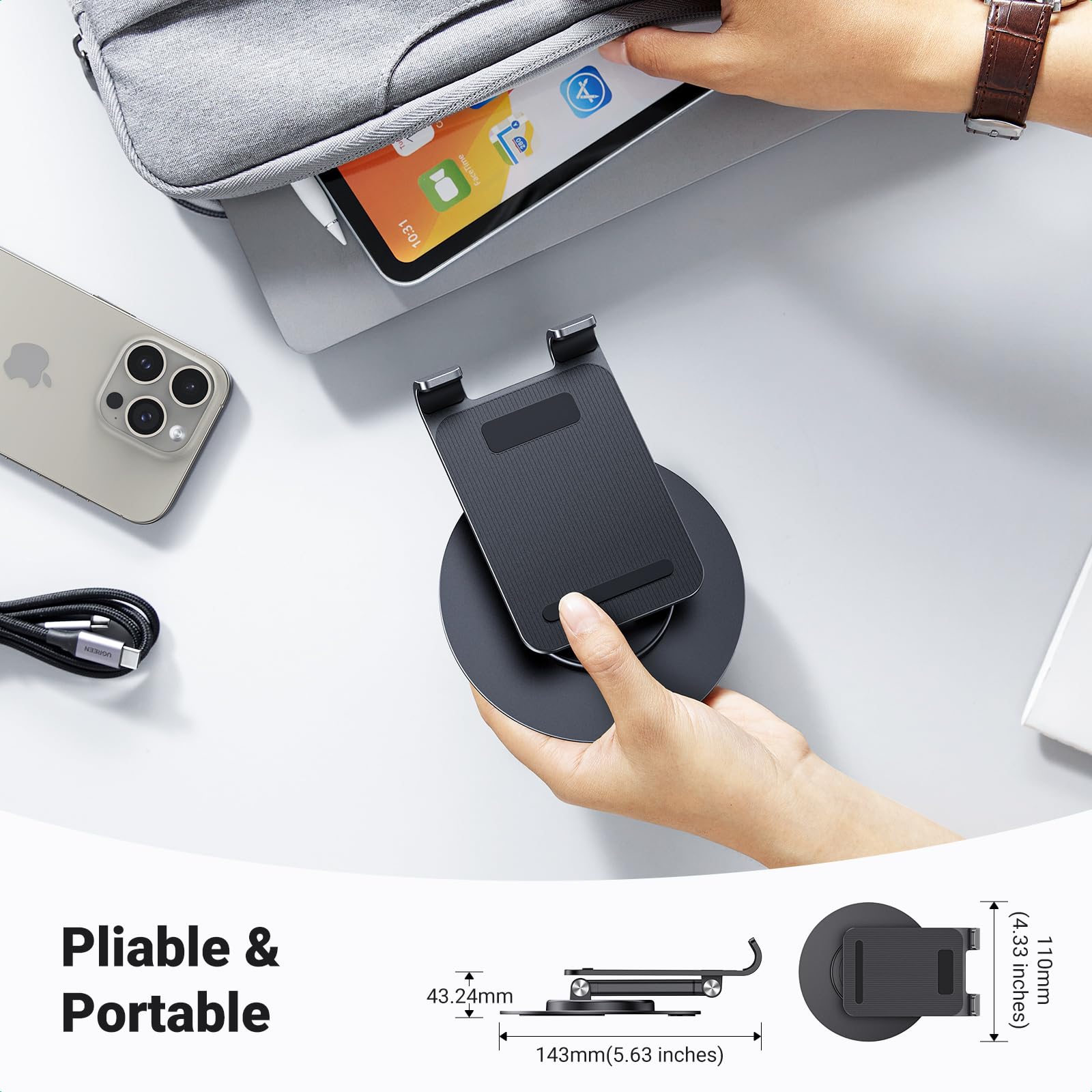UGREEN Adjustable Phone Stand Holder for Desk - Foldable & Height Adjustable Cell Phone Dock Compatible with iPhone 16/15/14/13/12/11 Pro Max Plus & Samsung Galaxy S24/S23/A15/A55/A05s - Perfect for Home Office, Video Calls & Hands-Free Viewing