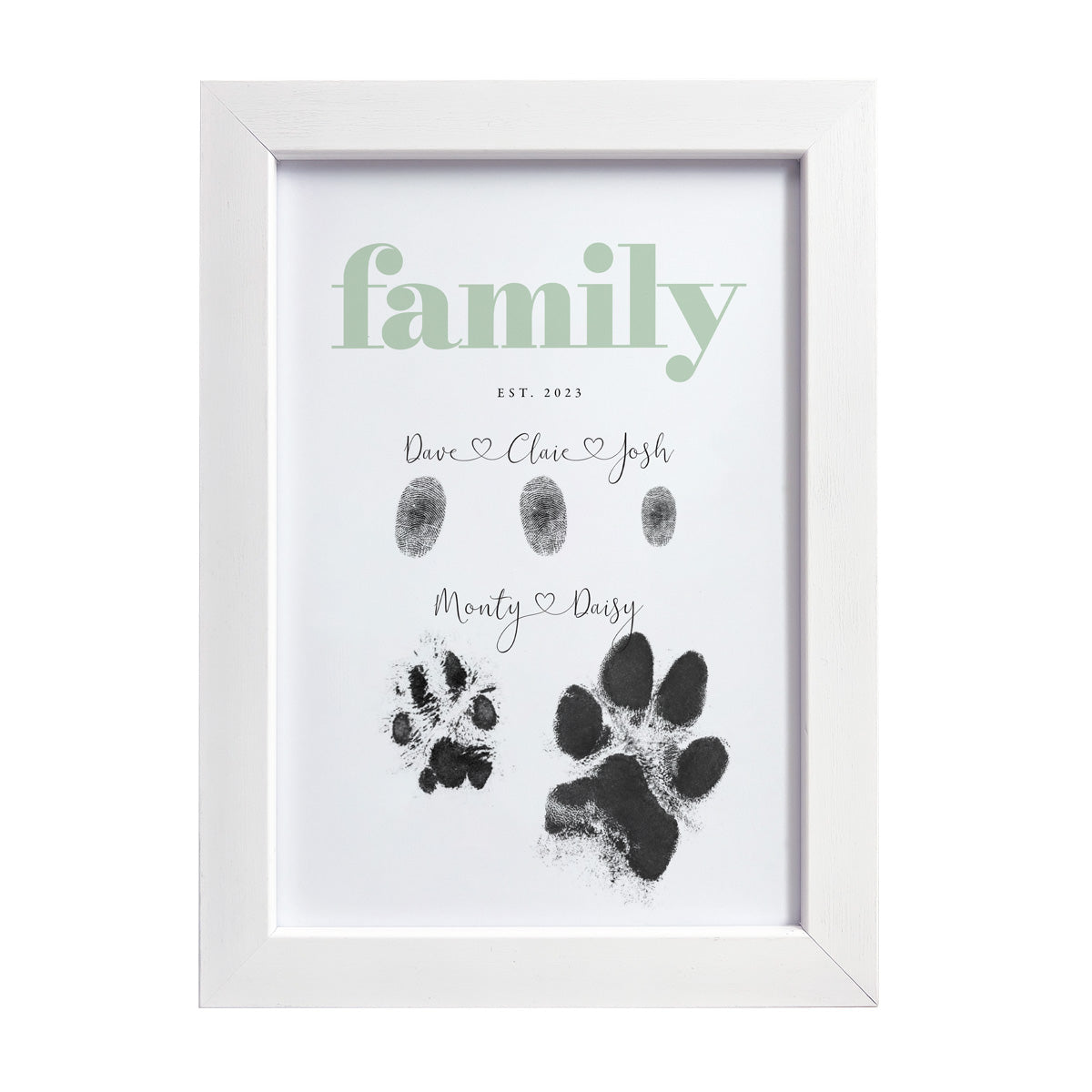 Personalized Pale Green Family & Pet Fingerprint Framed Print with Ink Pads - Unique Custom Gift for Home Decor, Wedding, Anniversary & Nursery Wall Art