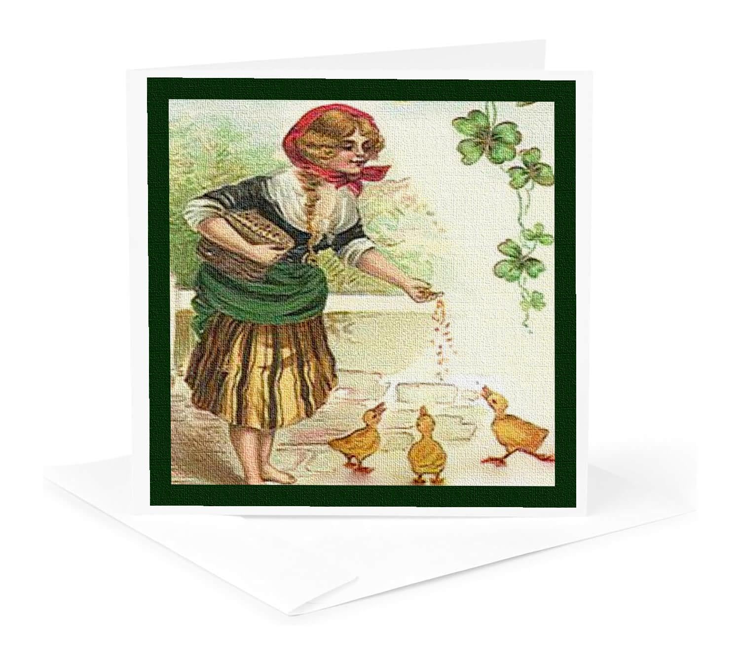 Vintage Irish Farm Girl Feeding Ducks Greeting Card - St. Patrick's Day Celebration - Perfect for Irish-Themed Parties, Home Decor & Holiday Gifts