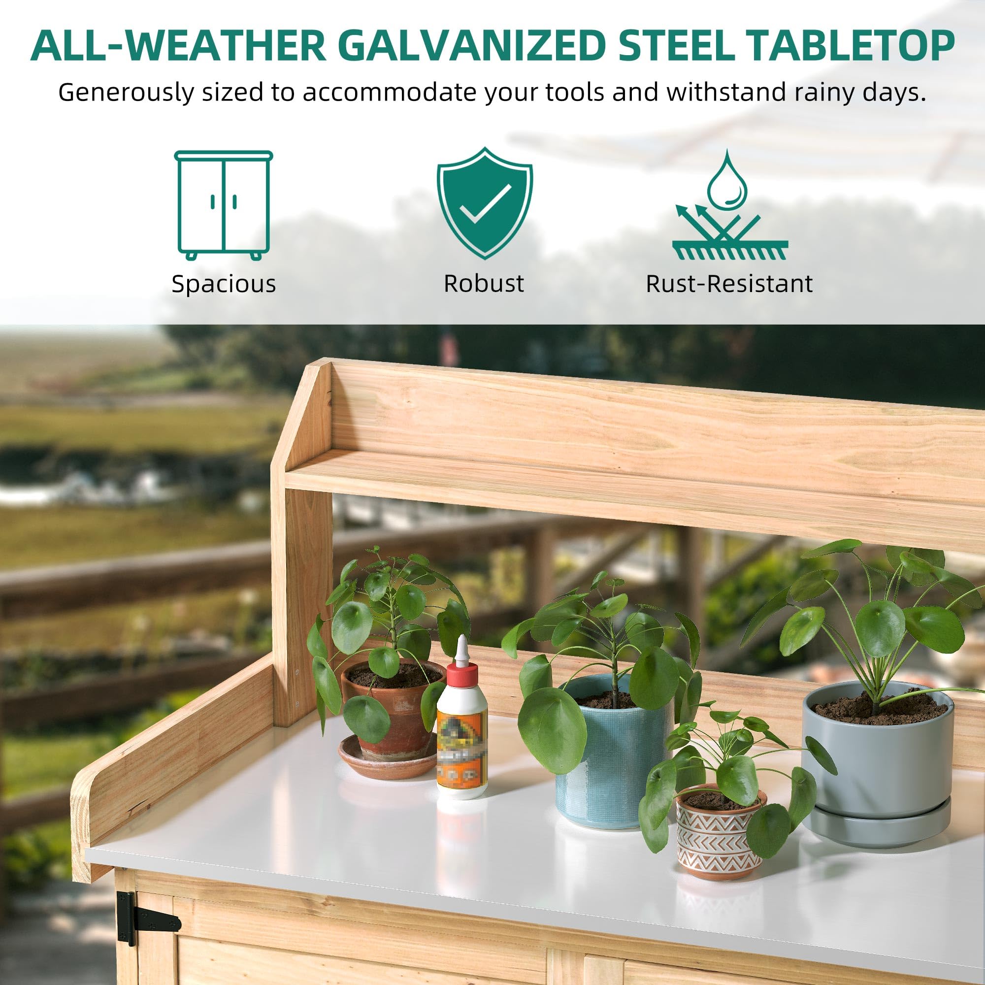 YITAHOME Solid Wood Potting Bench with Folding Shelf & Metal Tabletop - Outdoor Garden Workstation with Storage Cabinet for Planting, Gardening, Backyard Use - Perfect for Organizing Tools, Repotting Plants, and Outdoor Projects