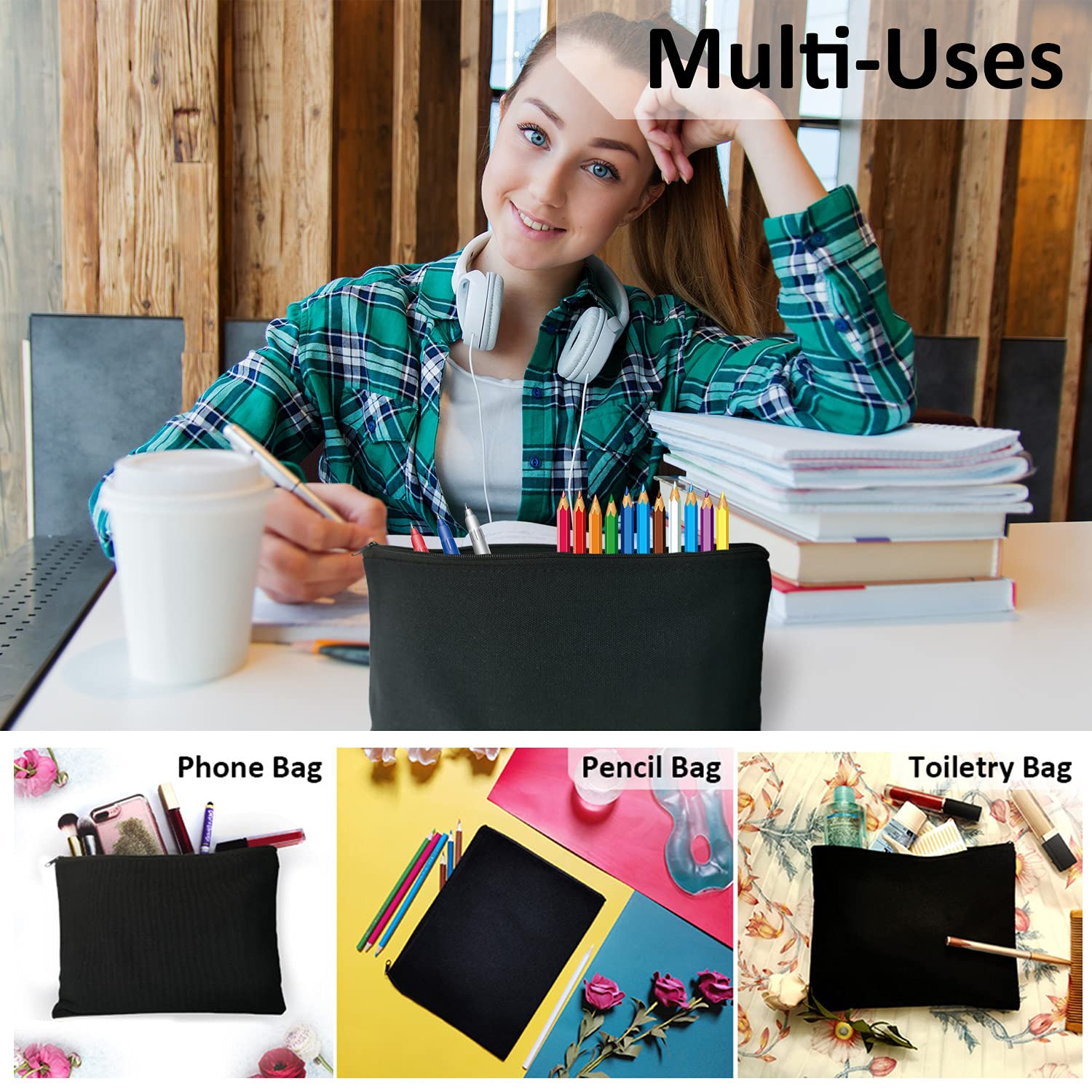 Koolmox Black Canvas Makeup Bags - 40 Pack 9x7 Inch Large Blank Zippered Cosmetic Pouches for Makeup, Travel Toiletries, Art Supplies & Office Essentials | Perfect for Travel, Home Organization & Gift Giving