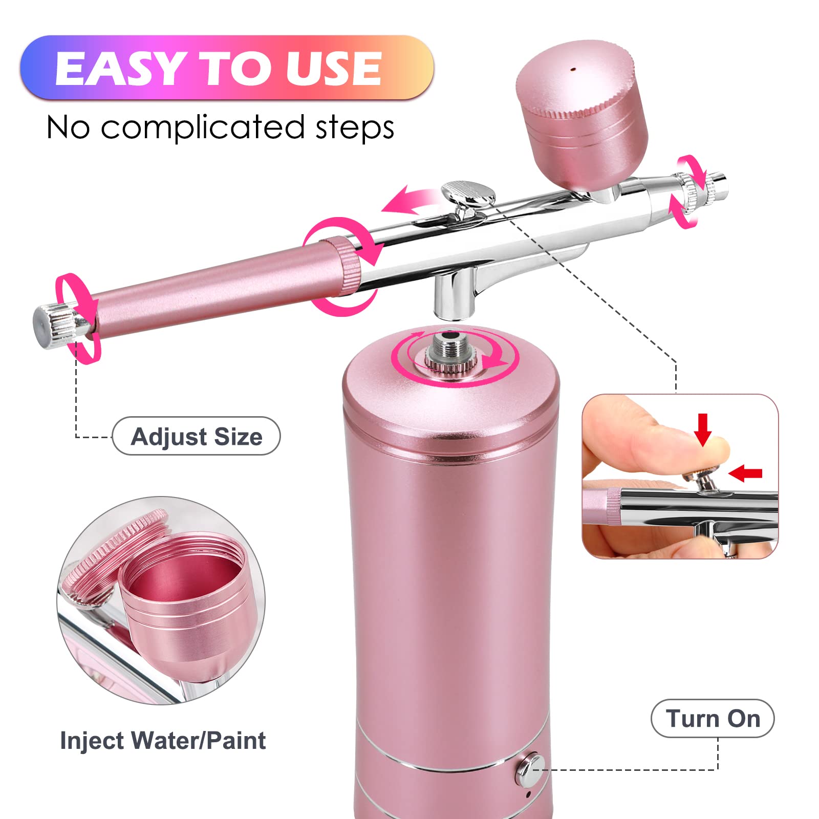 Professional Airbrush Kit with Compressor - Rechargeable Portable High Pressure Airbrush Gun, 0.3mm Nozzle & Cleaning Brush Set for Painting, Tattoos, Nail Art, Makeup & Cake Decorating (Pink) - Perfect for Artists, DIY Crafts & Professional Cosmetology