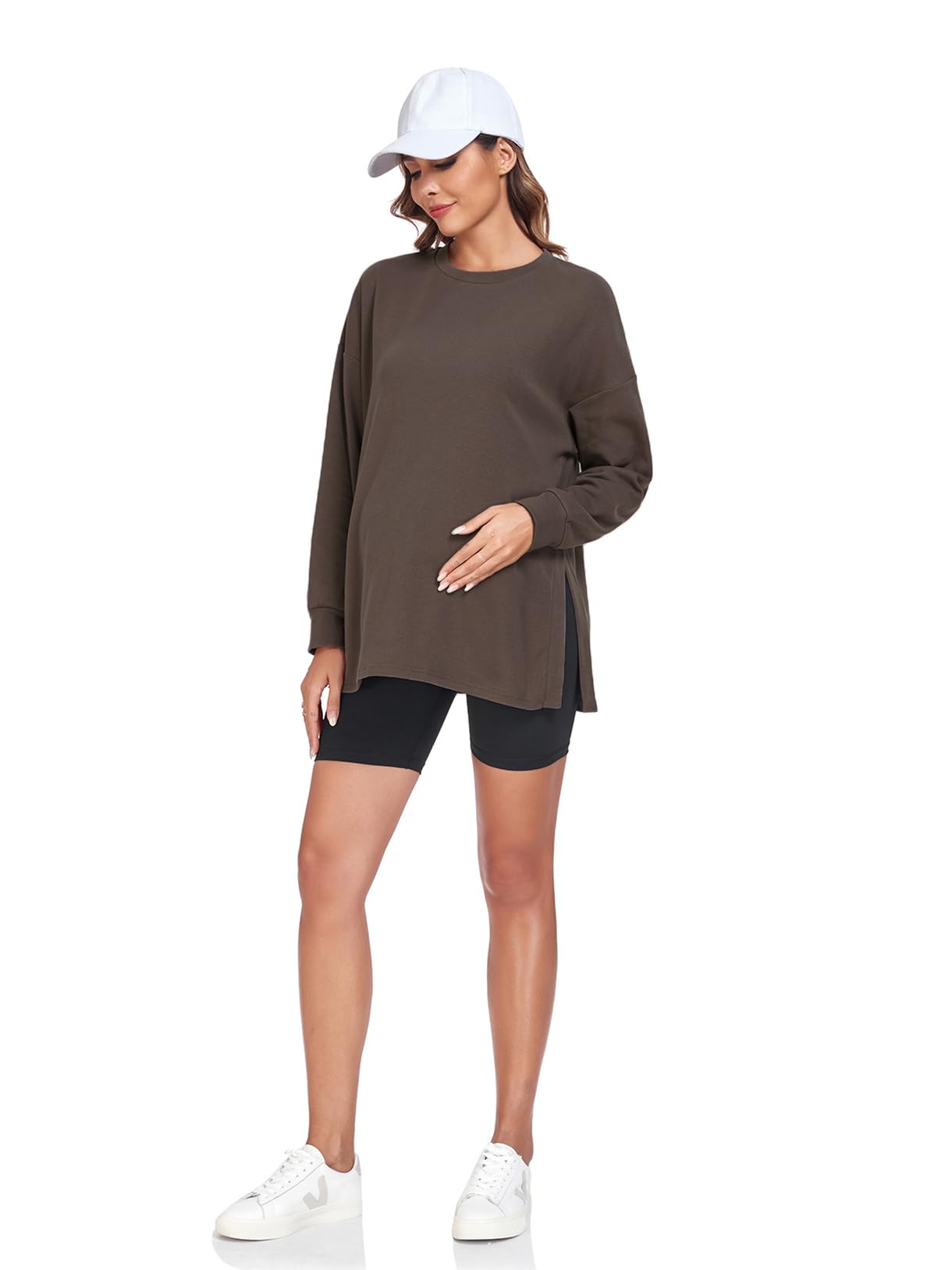 BBHoping Women's Maternity Shirts - Casual Split Side Pregnancy Tops, Long Sleeve Round Neck Loose Fit Nursing Clothes for Comfortable Everyday Wear at Work or Home