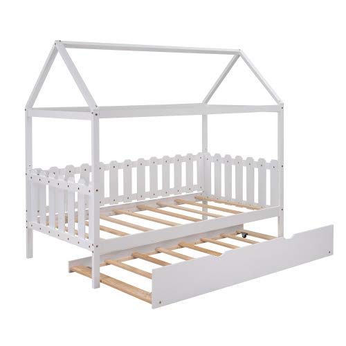 Twin Size Wooden House Bed with Trundle - Fence-Shaped Guardrail & Slatted Support Frame - No Box Spring Needed (White) - Perfect for Kids' Bedroom, Guest Room or Small Space Nursery