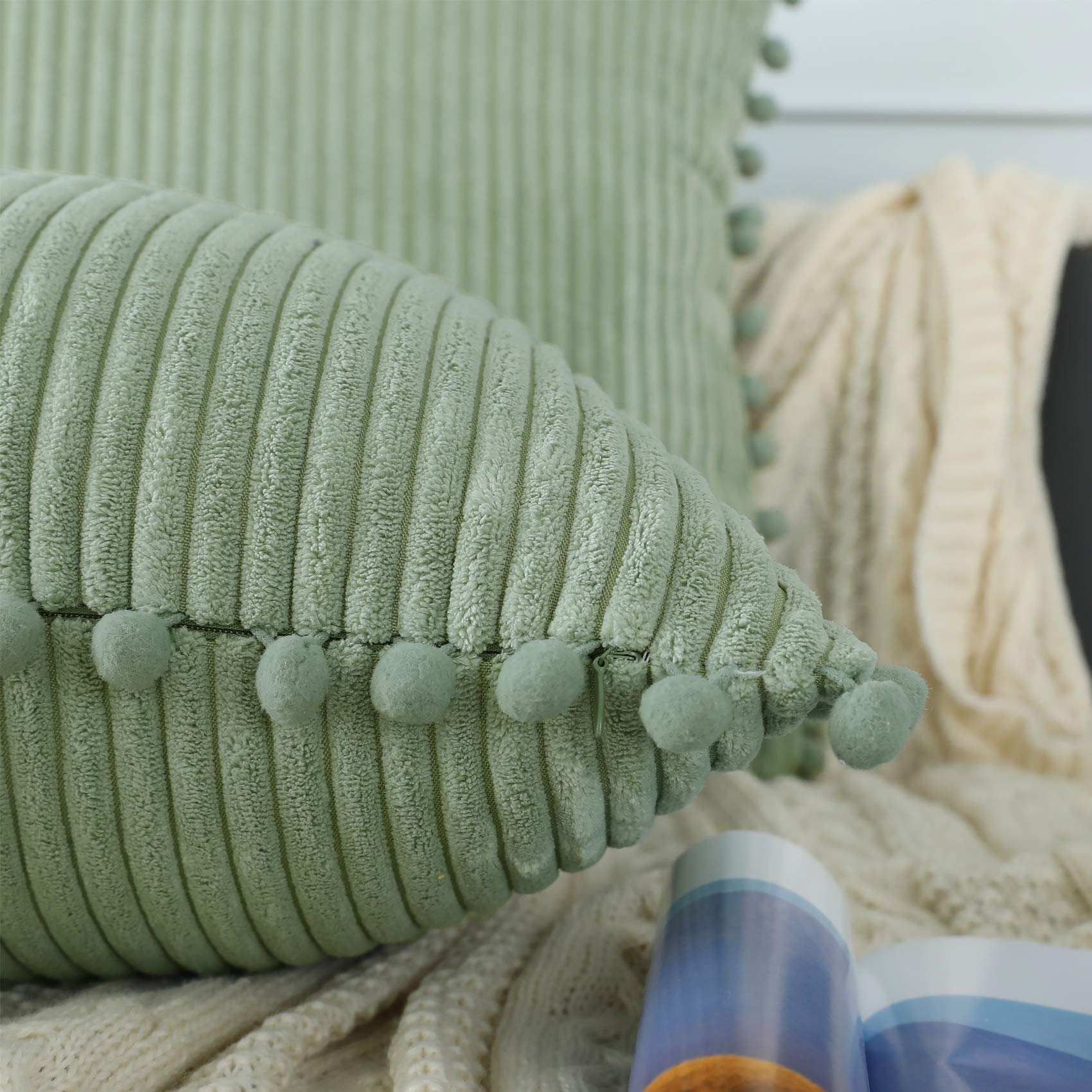 Sage Green Boho Throw Pillow Covers 20x20 Inch - Soft Striped Farmhouse Decorative Cushion Covers with Pom Poms - Set of 2 for Couch, Sofa, Bed, Chair & Outdoor Use - Perfect for Living Room, Patio & Home Decor