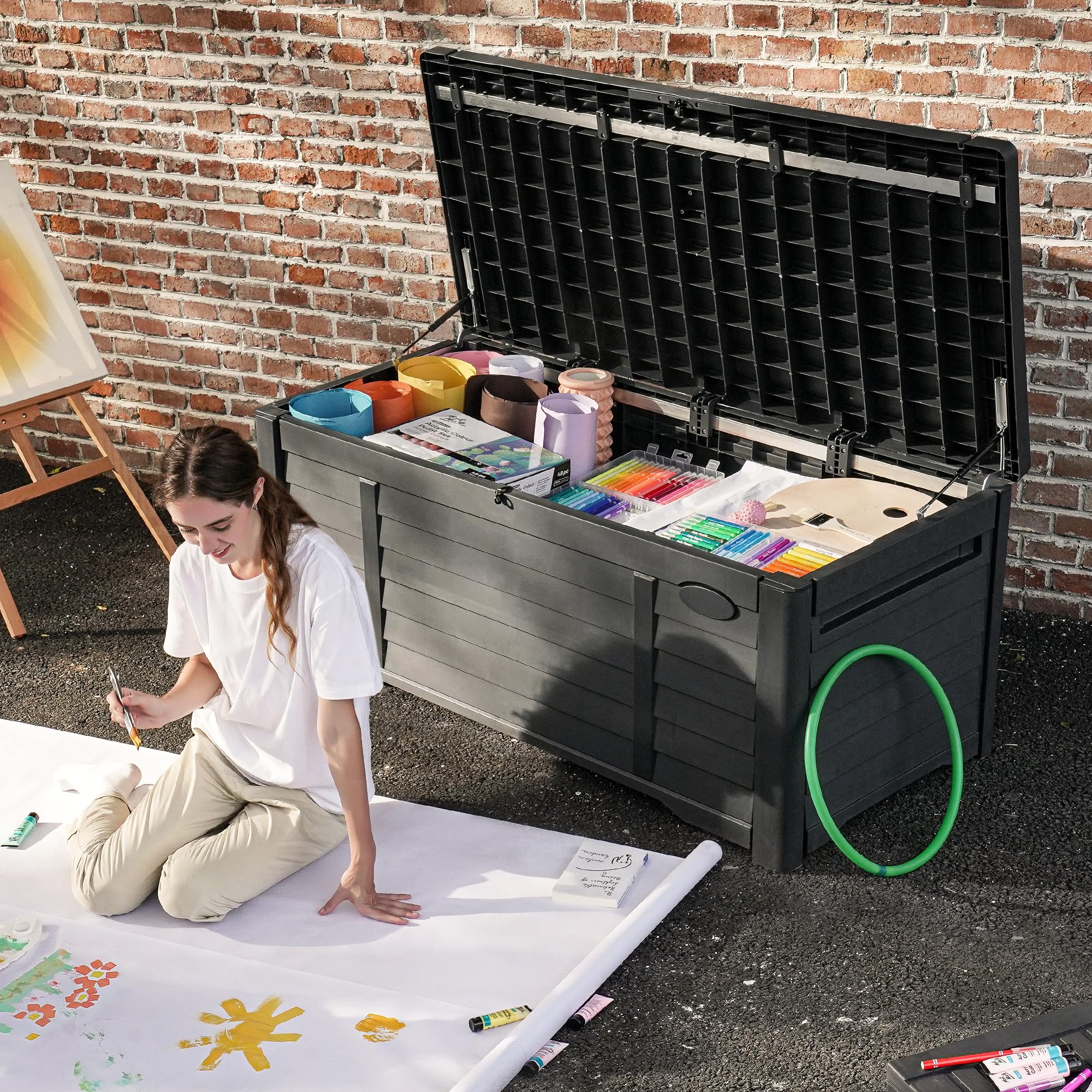 DWVO 120 Gallon Large Deck Box - Waterproof Outdoor Storage Container for Patio, Garden & Pool Supplies | Extra Large Resin Storage Bin with Lockable Lid | Ideal for Storing Pillows, Tools & Outdoor Equipment | Black