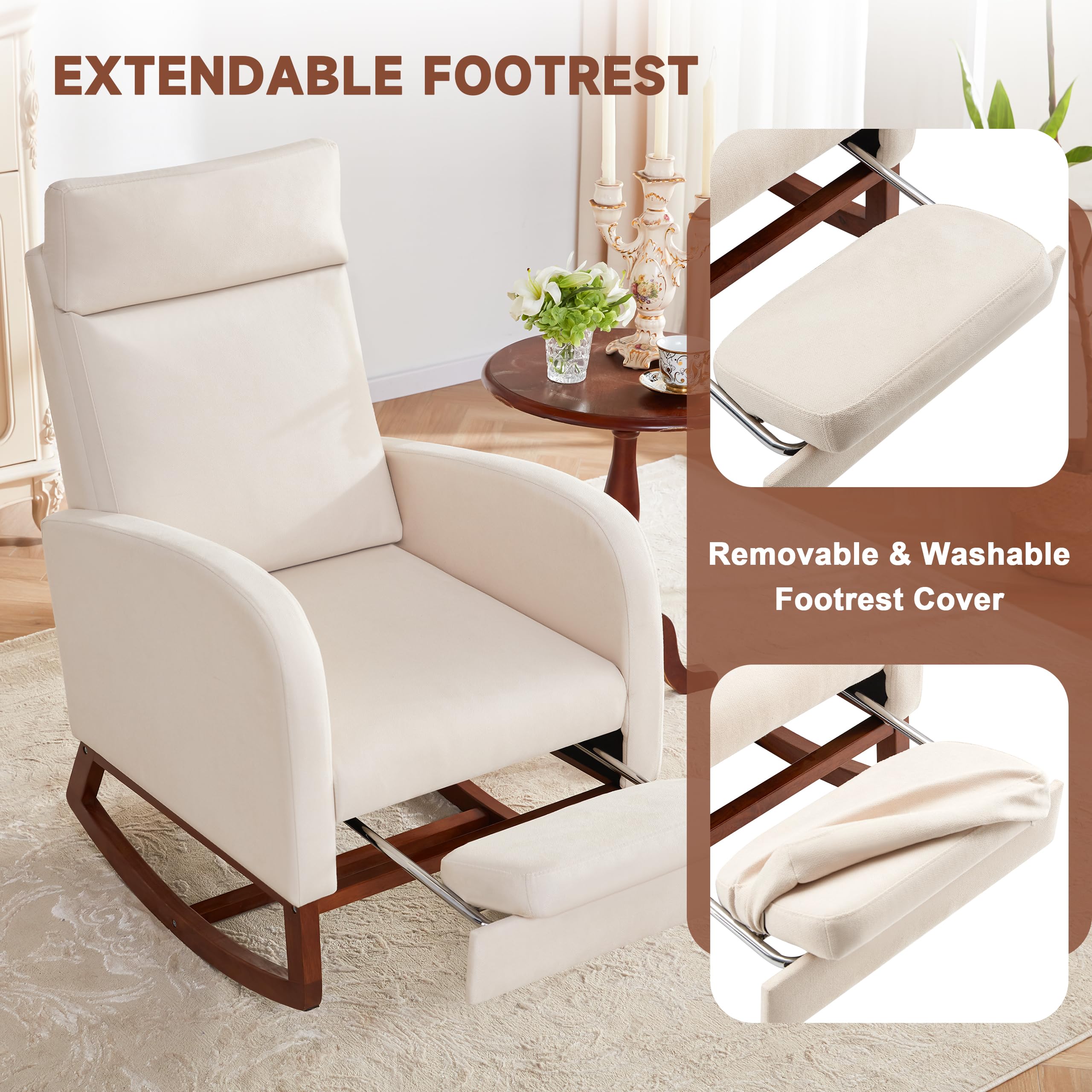 Comfortable Nursery Rocking Chair with Footrest & High Back - Baby Glider Rocker with Storage Pocket - Perfect for Nursing, Nursery & Living Room (Linen Beige) | Ideal for Breastfeeding, Baby Care & Relaxation