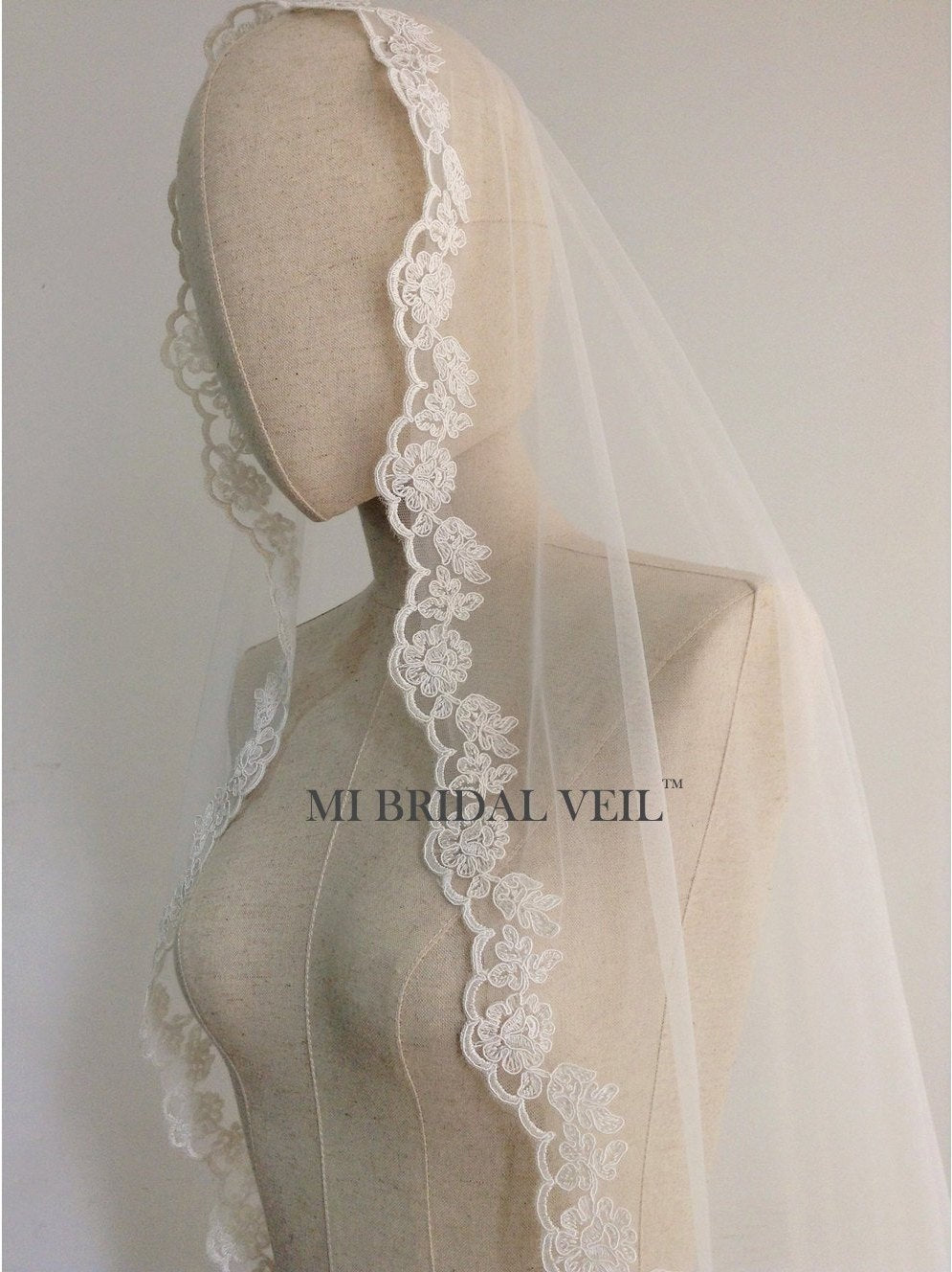 Elegant Lace Wedding Veil with Mantilla Rose Design - Fingertip Length Bridal Veil with Blusher for Romantic Weddings | Perfect for Church Ceremonies, Outdoor Weddings & Bridal Photography
