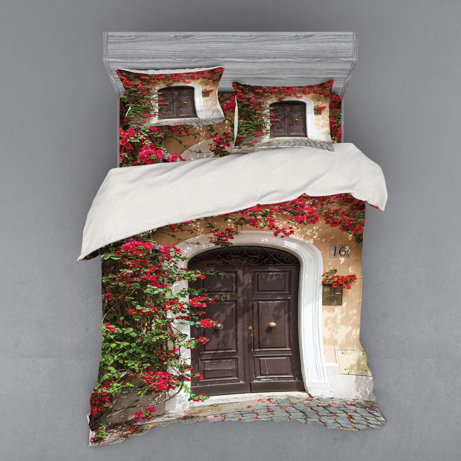 Ambesonne Moroccan Duvet Cover Set - Vintage Wooden Door with Floral Design, European Medieval Style Italy, 4-Piece Queen Size Bedding Set with Shams & Fitted Sheet, Multicolor | Perfect for Bohemian & Vintage Themed Bedrooms
