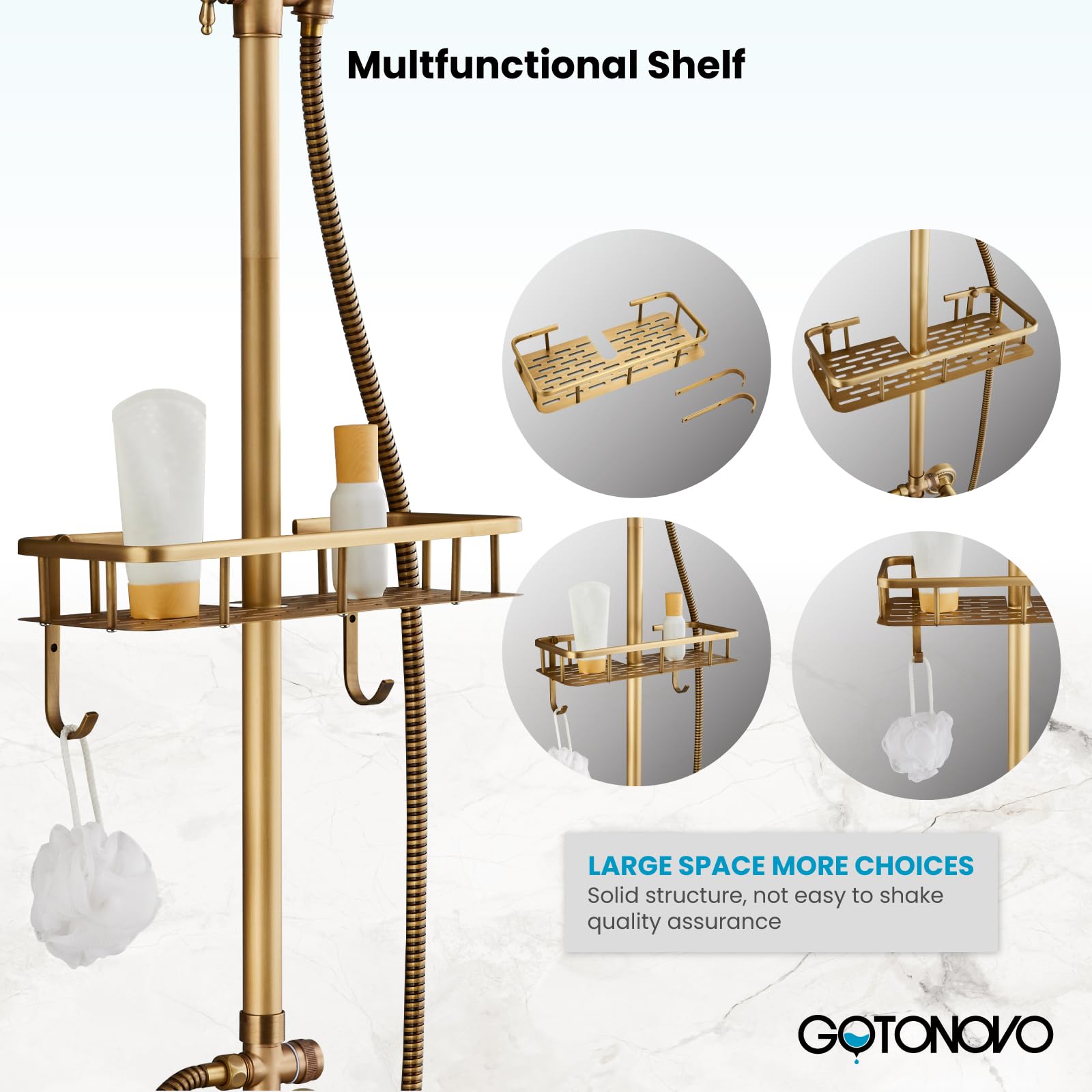 Gotonovo 8 Inch Rainfall Shower Head with Handheld Spray and Tub Spout - 3 Function Wall Mounted Antique Brass Bathroom Faucet Set with Shower Shelf - Perfect for Vintage Style Bathrooms and Spa-Like Shower Experience