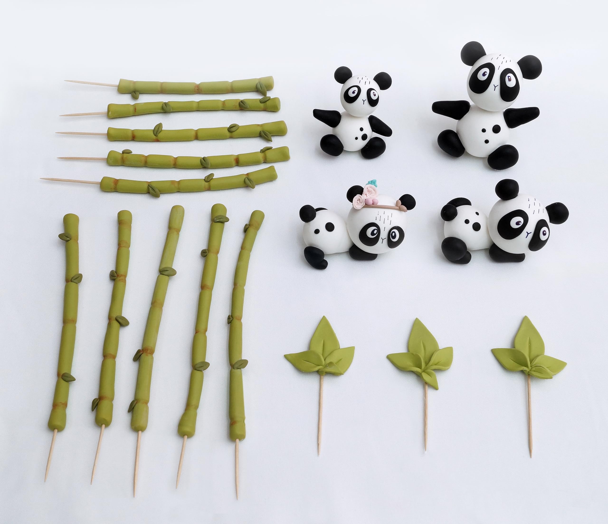Fun Market Handmade Clay Panda Cake Topper Set - 17-Piece Bamboo & Panda Figurines for Birthday, Baby Shower, Wedding Cakes - Adorable Panda Decorations for Special Events & Party Desserts