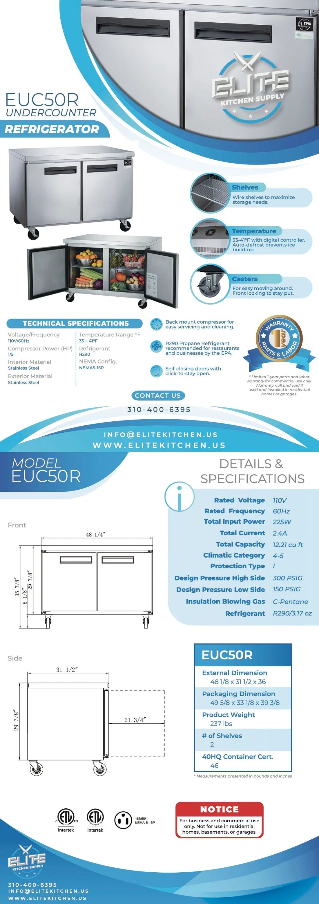 EUC50R 2 Door Undercounter Commercial Refrigerator - 24 Inch Stainless Steel Restaurant Fridge for Bars, Cafes, and Small Kitchens