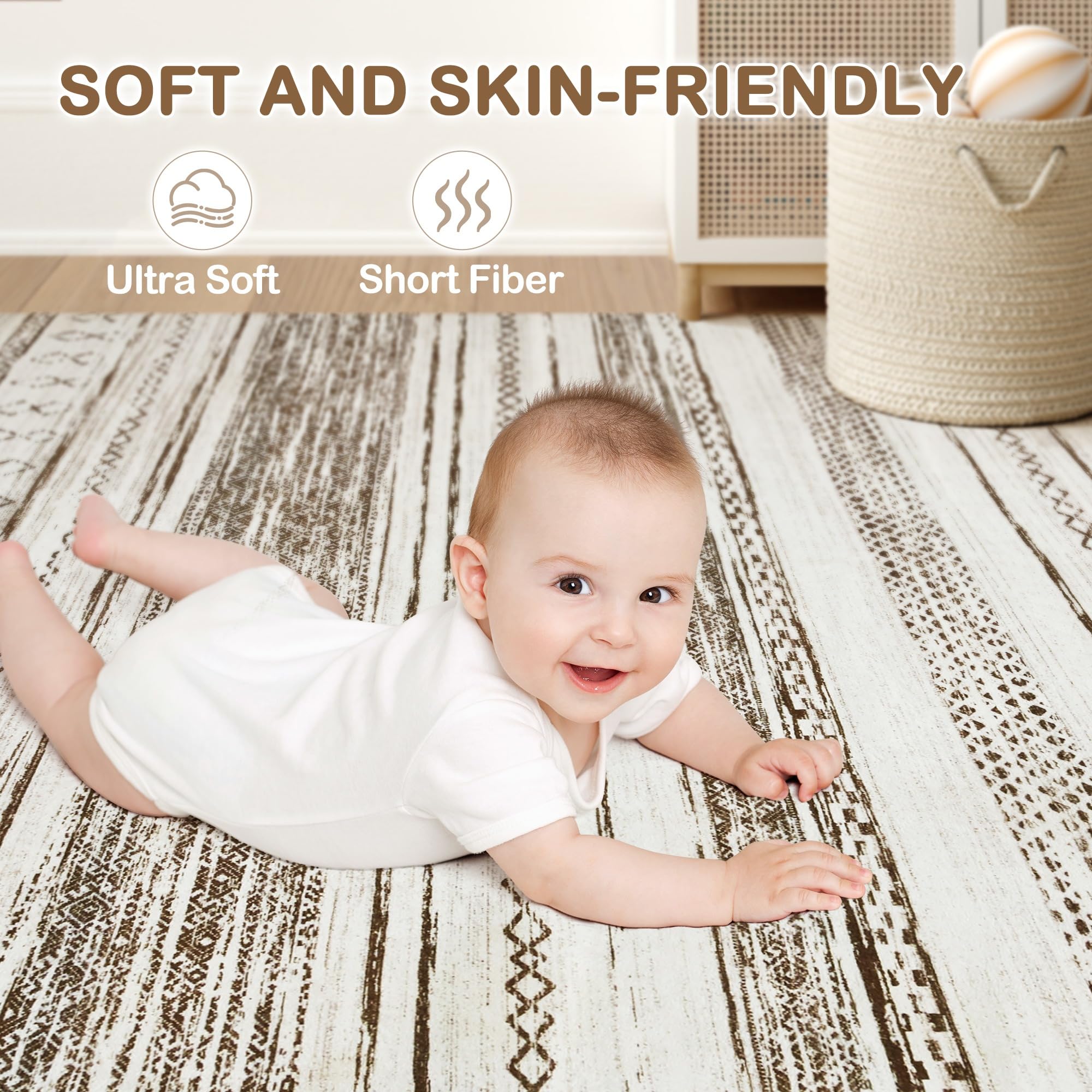 6x9 Washable Area Rug - Soft Neutral Boho Moroccan Bohemian Farmhouse Rug for Living Room, Bedroom, Dining Table & Home Office | Cream Brown Indoor Floor Carpet | Perfect for Cozy Home Decor & High-Traffic Areas