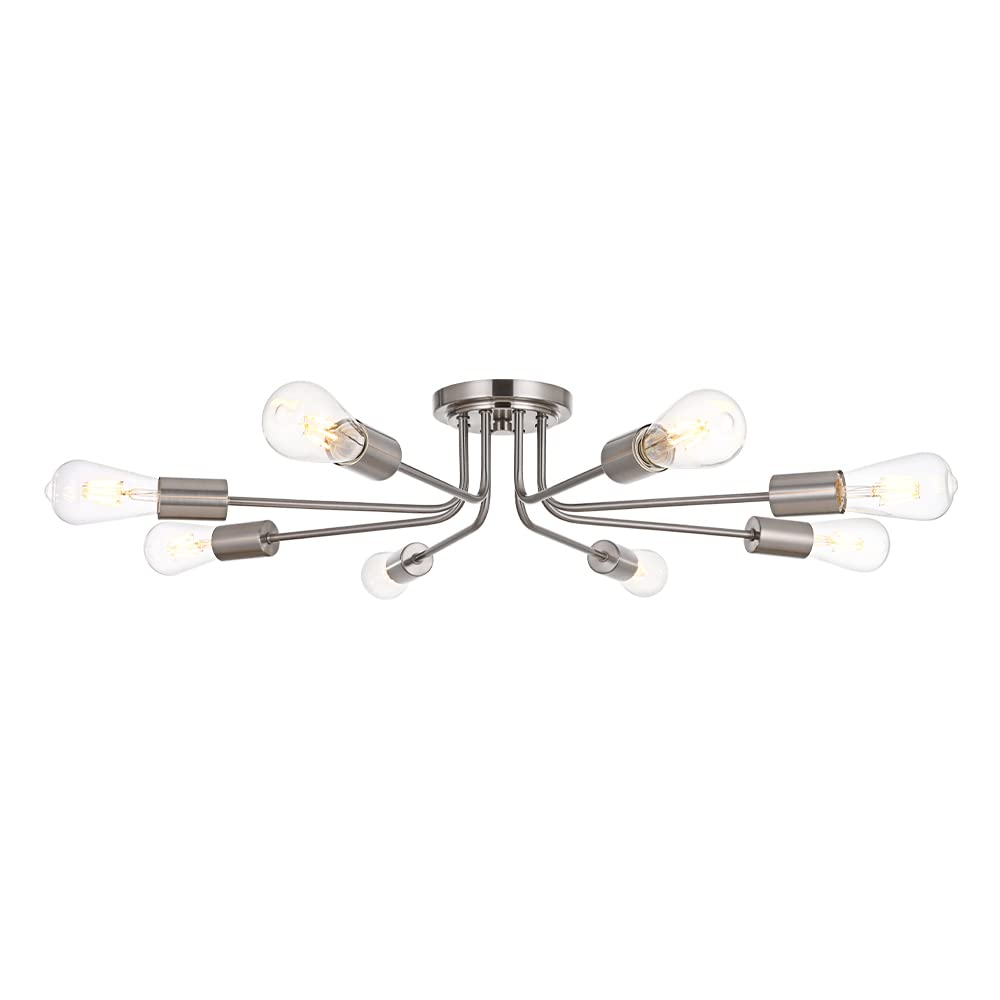 BONLICHT 8-Light Sputnik Chandelier - Brushed Nickel Mid Century Modern Ceiling Light Fixture, Industrial Starburst Semi-Flush Mount Lighting for Dining Room, Living Room, Bedroom & Office Decor