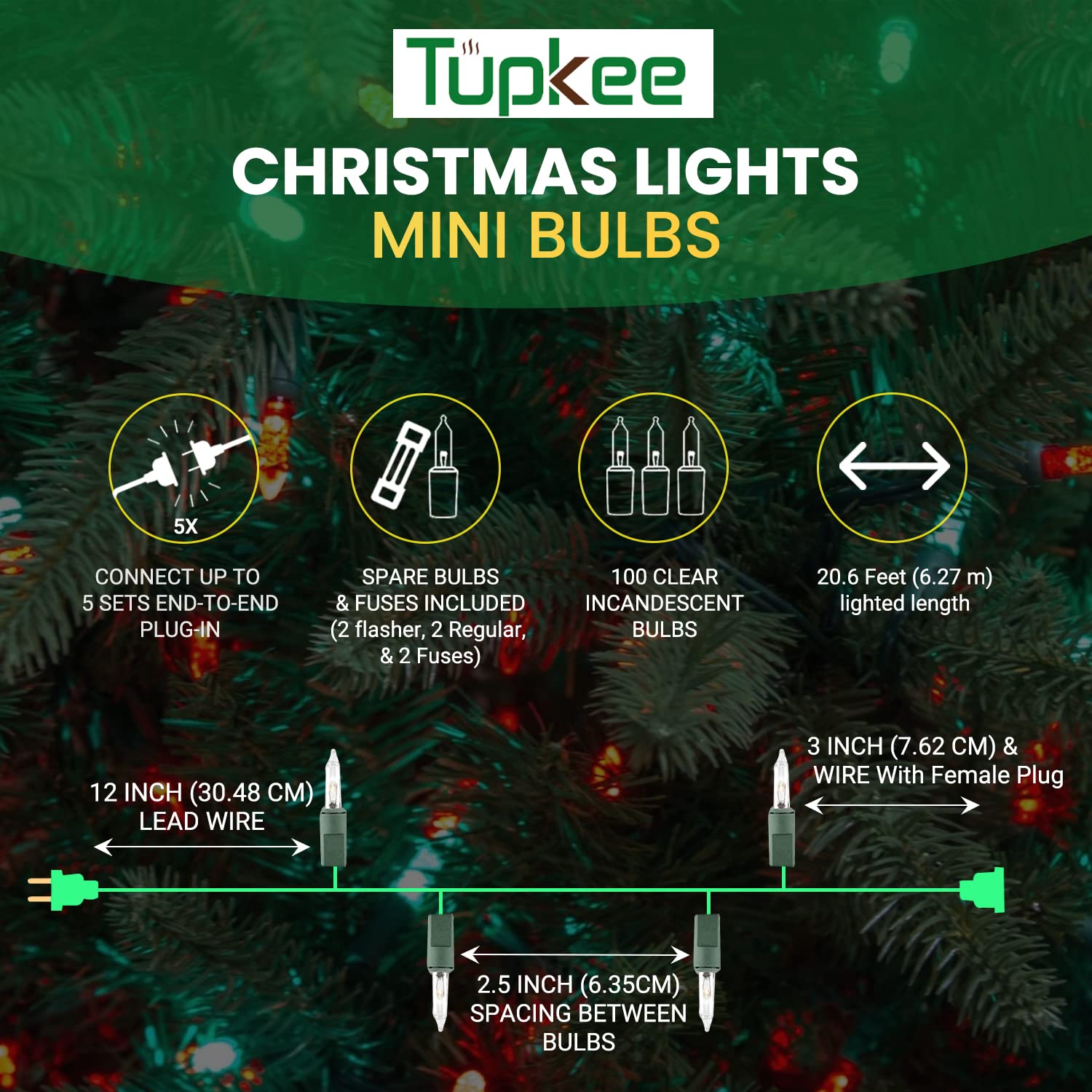Tupkee 300-Count Christmas String Lights - 62ft Incandescent Mini Clear Warm White Holiday Lights for Indoor & Outdoor Decor - Perfect for Christmas Trees, Parties, and Festive Home Decoration
