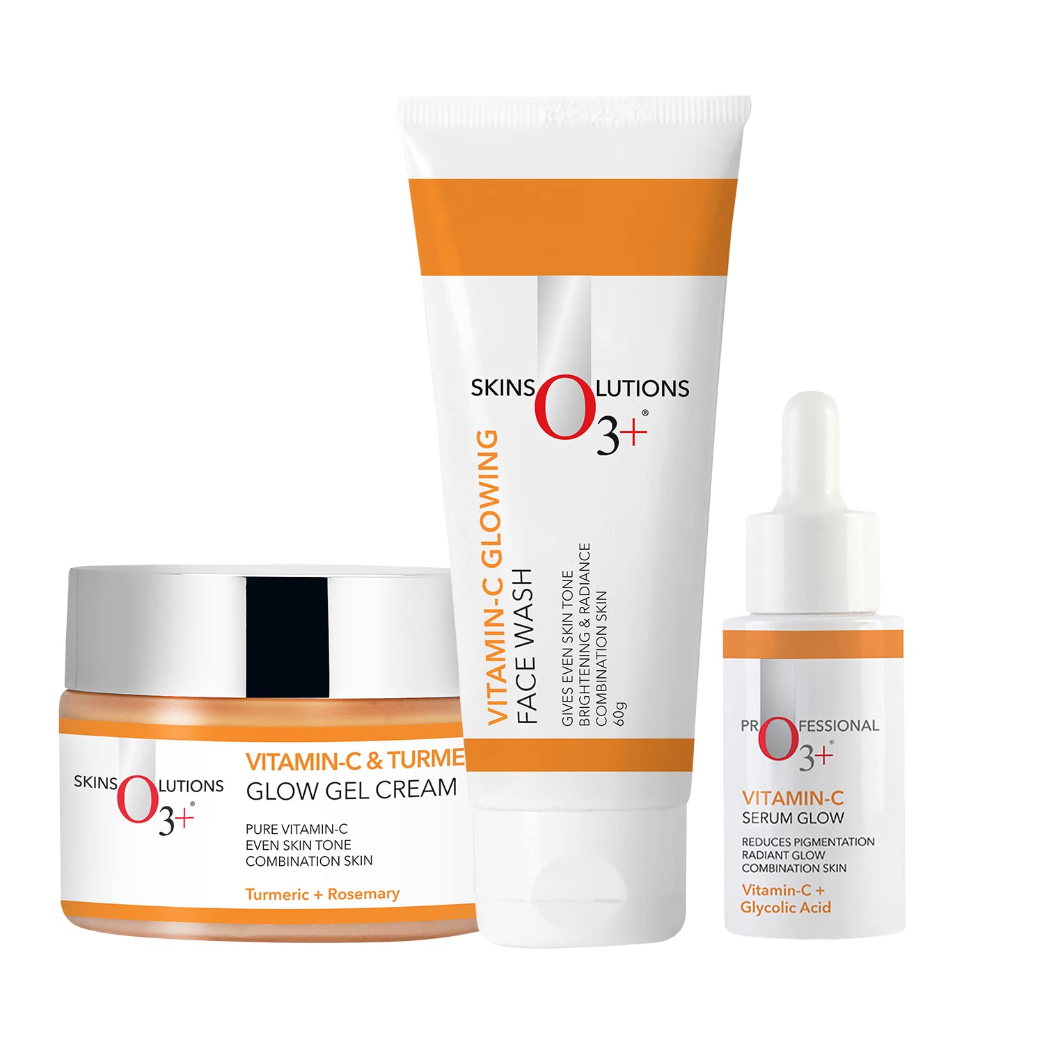 O3+ Vitamin C Overnight Skincare Kit for All Skin Types (60g Face Wash + 30g Glow Serum + 50g Turmeric Gel Cream) - Brightening & Hydrating Night Routine for Dull Skin