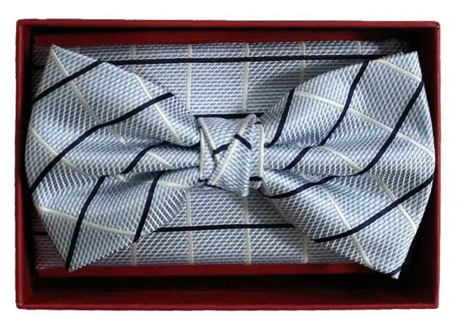 L.A. Smith Blue Check Silk Bow Tie & Pocket Square Set - Premium Men's Formal Accessories for Weddings, Business & Special Occasions