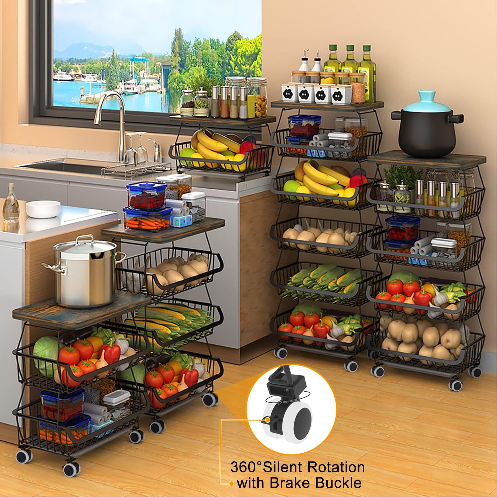 BEEY 6-Tier Kitchen Storage Cart with Rolling Wheels & Wood Tabletop - Stackable Fruit & Vegetable Basket Organizer for Pantry, Bathroom, Garage - Perfect for Home, Office, and Commercial Use