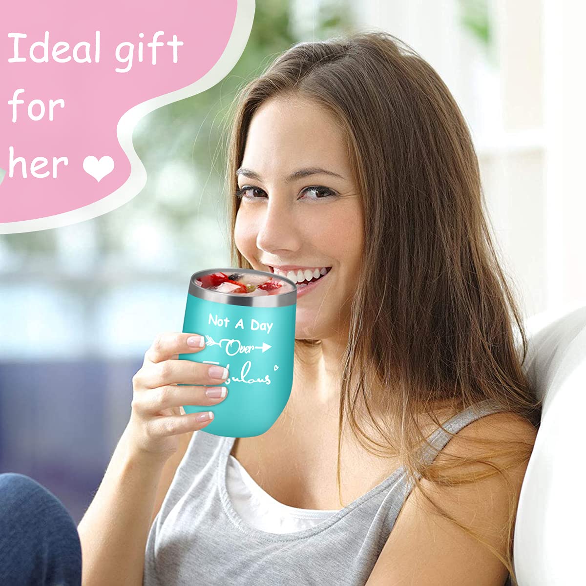 Funny Birthday Wine Tumbler for Women - 'Not a Day Over Fabulous' Wine Glass with Inspirational Sayings - Perfect Gift for Her, Mom, Wife, Girlfriend, Daughter, BFF or Sister (Blue) - Great for Parties, Girls Night Out, Bridal Showers & Relaxing at Home