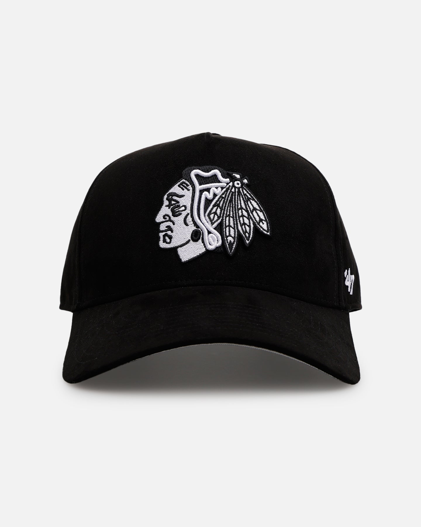 47 Brand Chicago Blackhawks Ultrasuede 47 MVP Adjustable Strapback Hat - Black & White - Official NHL Licensed Cap for Men & Women - Perfect for Game Day, Sports Events & Casual Wear
