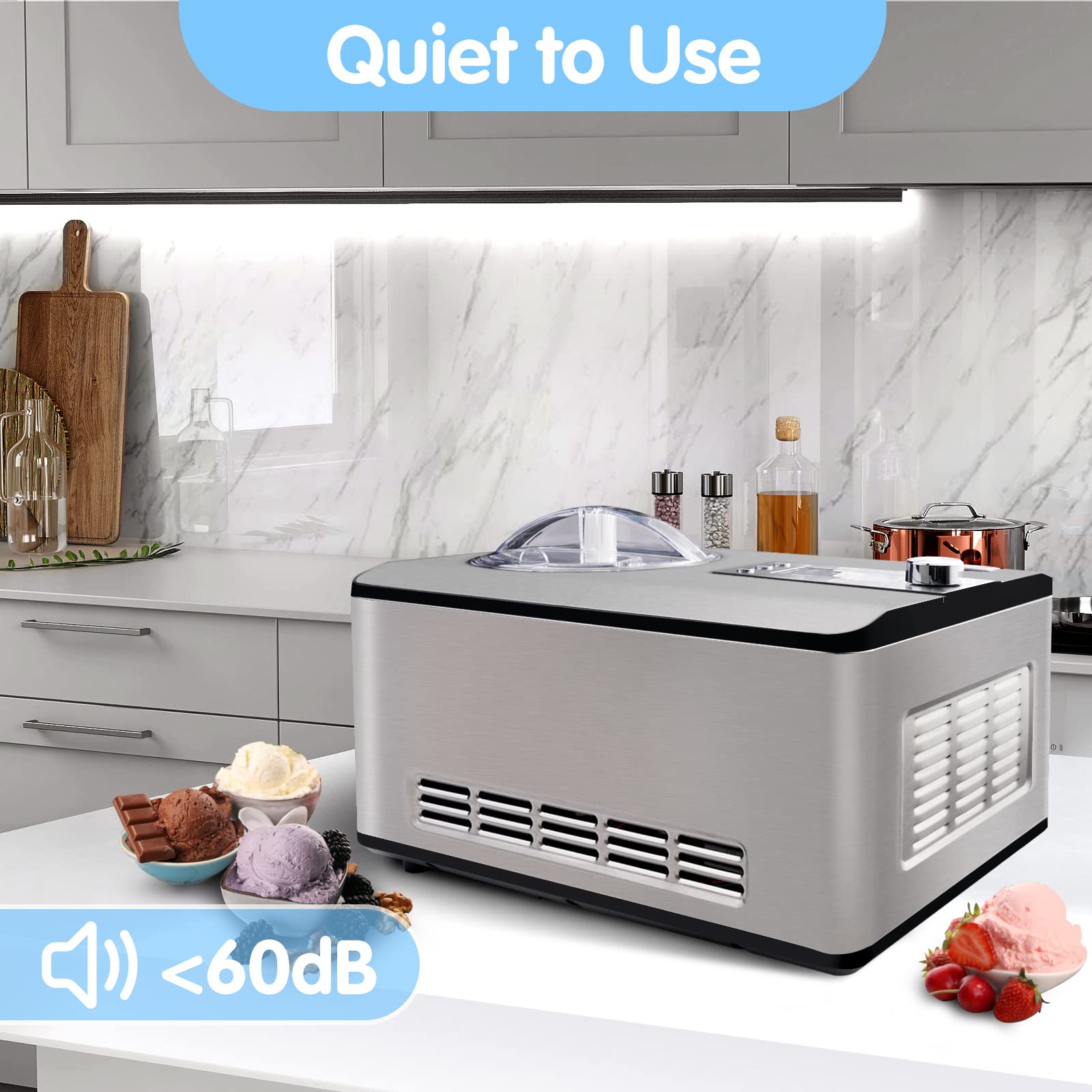 KUMIO 2.2-Quart Automatic Ice Cream Maker with Built-in Compressor - No Pre-Freezing Required, Stainless Steel Electric Ice Cream & Yogurt Machine with LCD Display & Timer, 180W - Perfect for Homemade Gelato, Sorbet, Frozen Yogurt & Fruit Desserts