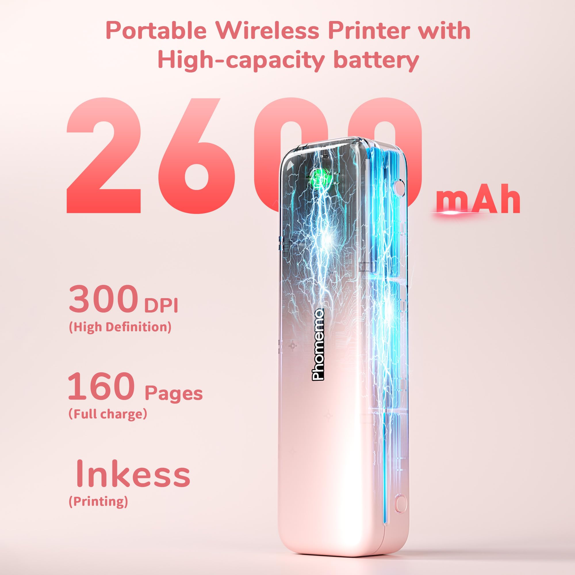 Phomemo M834 Bluetooth Thermal Printer - Wireless Portable Inkless Printer for Travel, Office & Home, 8.5x11 & A4 Size, Pink (with Carry Case) | Perfect for Printing Receipts, Labels, Photos & Documents On-The-Go