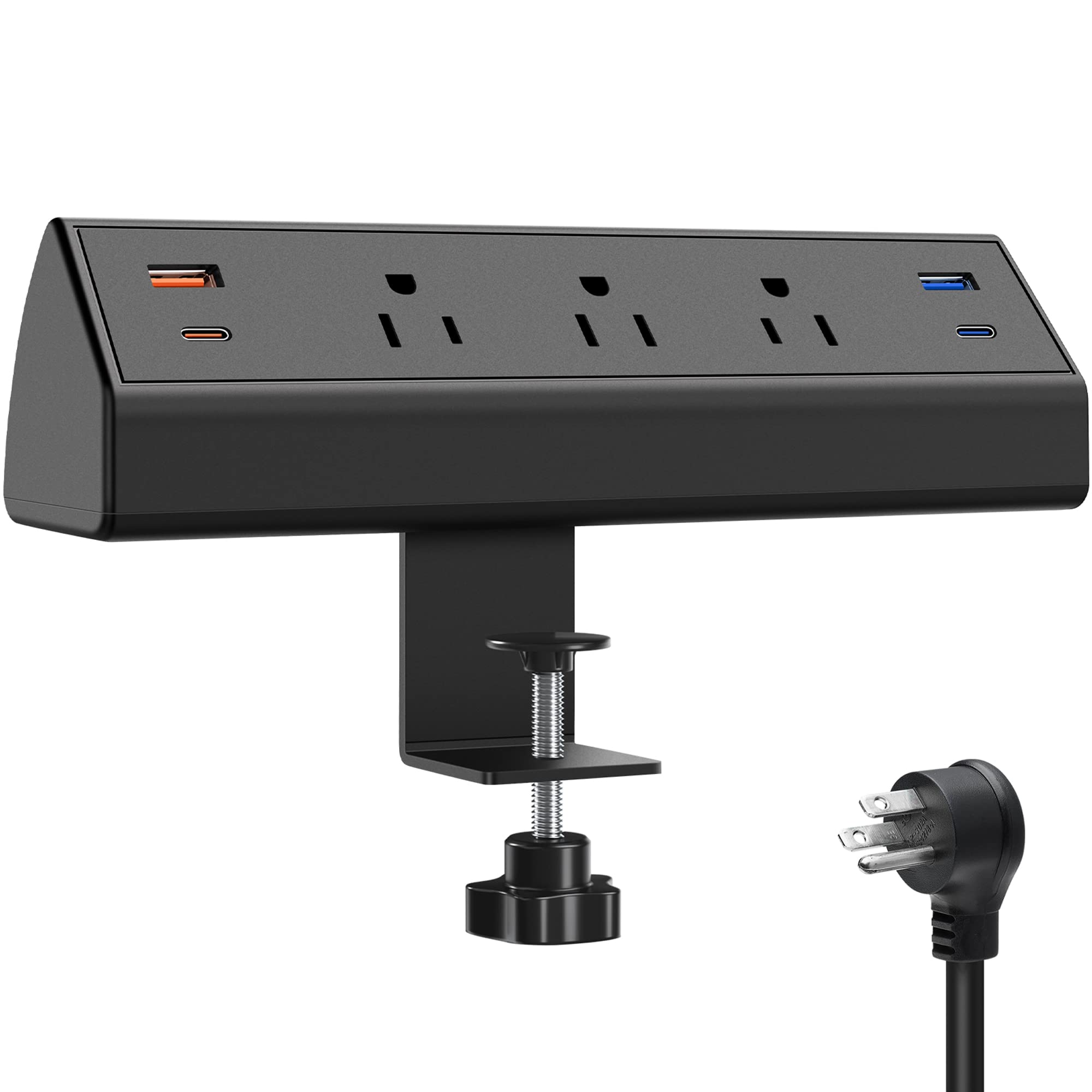 65W Fast Charging Desk Clamp Power Strip with USB-C Ports - Surge Protector with 3 Outlets & 6ft Cord for iPhone 14 Pro Max/iPad/MacBook Air - Perfect for Home Office, Gaming Setup & Bedside Charging (Black)