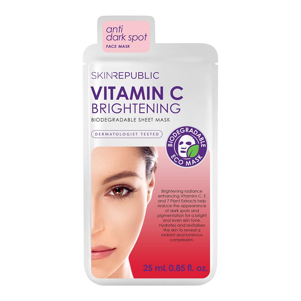 Skin Republic Vitamin C Brightening Sheet Face Mask - Brightens & Evens Skin Tone for Radiant Glow | Hydrating Facial Treatment for Dull Skin | Perfect for Daily Skincare Routine & Pre-Makeup Prep (1 Pack)