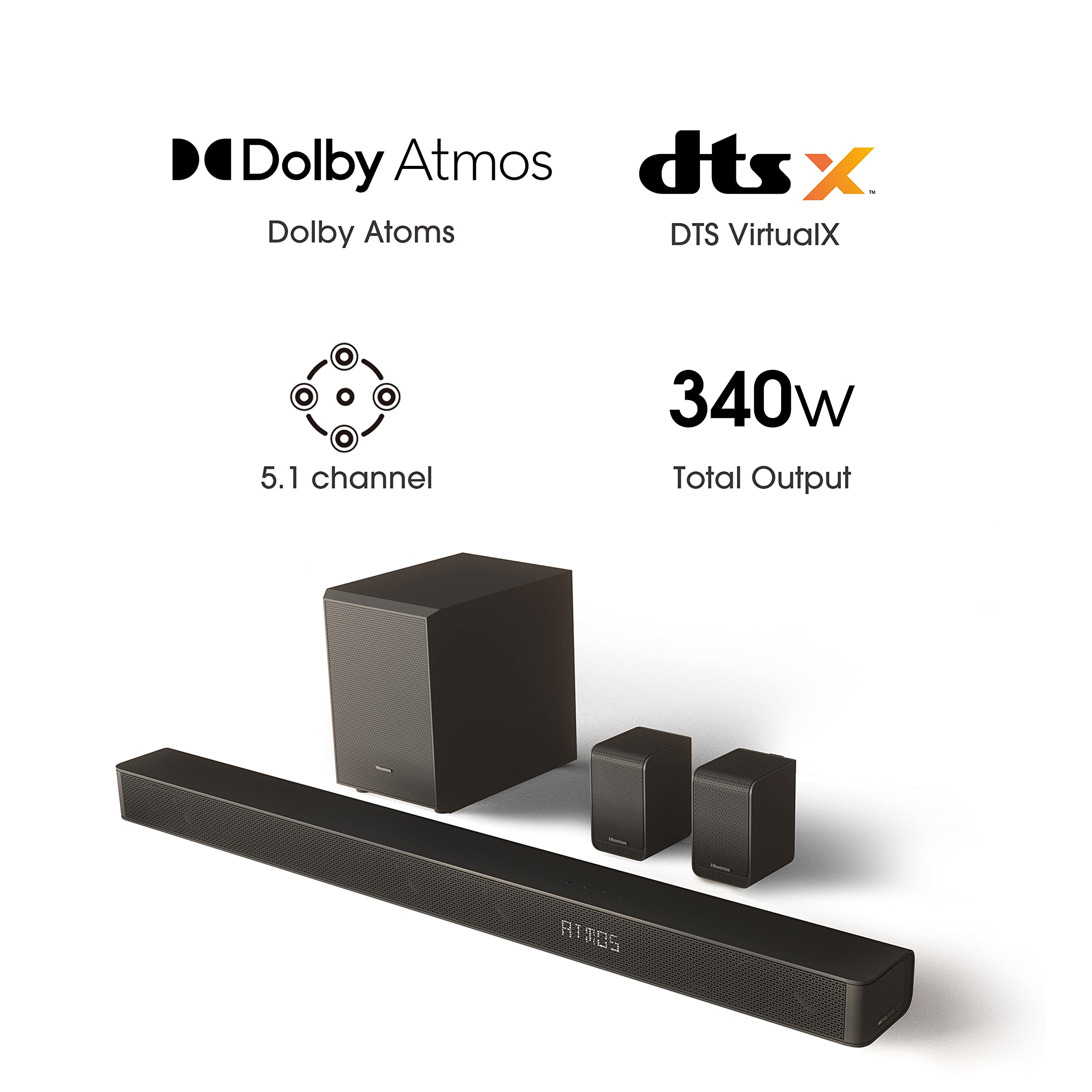 Hisense AX5100G 5.1 Channel 340W Dolby Atmos Soundbar with Wireless Subwoofer & Rear Speakers - Premium Home Theater Audio System for Movies, Gaming & Music (Black)