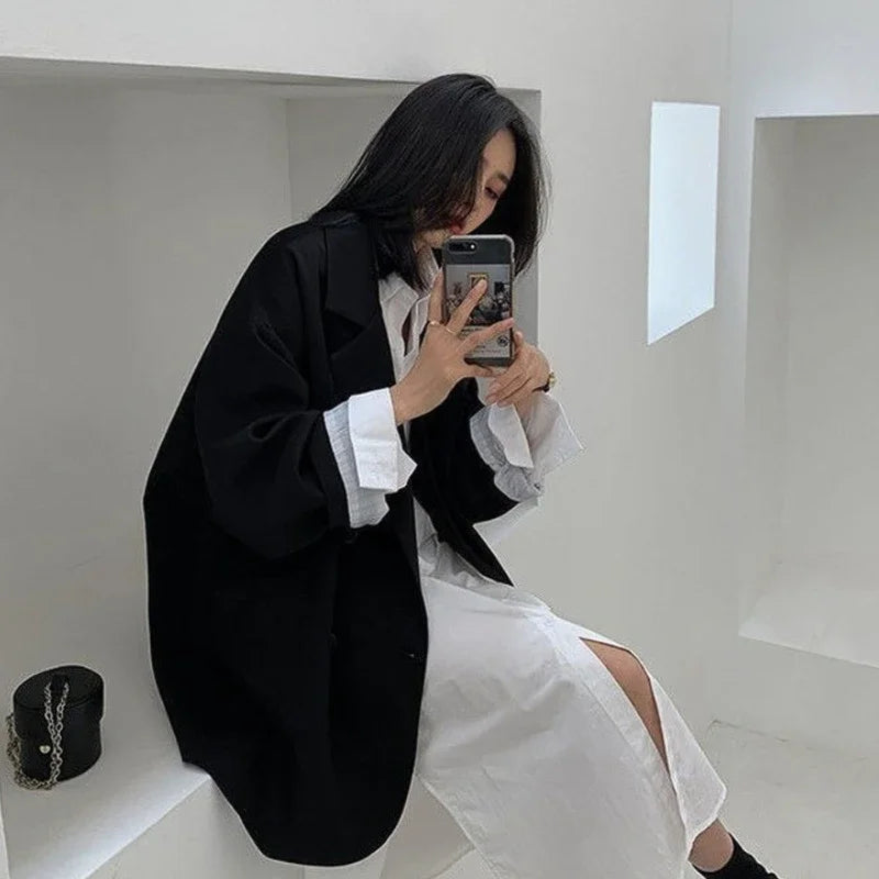 Women's Minimalist Solid Blazer Jacket - Elegant Loose Fit Retro Office Fashion Coat for Spring - High Street Feminine Outerwear for Work, Business Meetings & Casual Outings