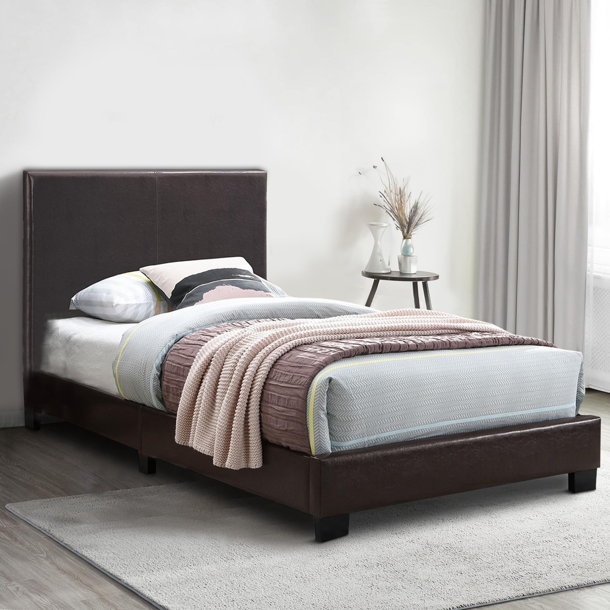 Benjara Transitional Style Leatherette Queen Size Bed Frame with Padded Headboard - Brown Faux Leather Upholstered Platform Bed - Perfect for Master Bedroom, Guest Room or Apartment