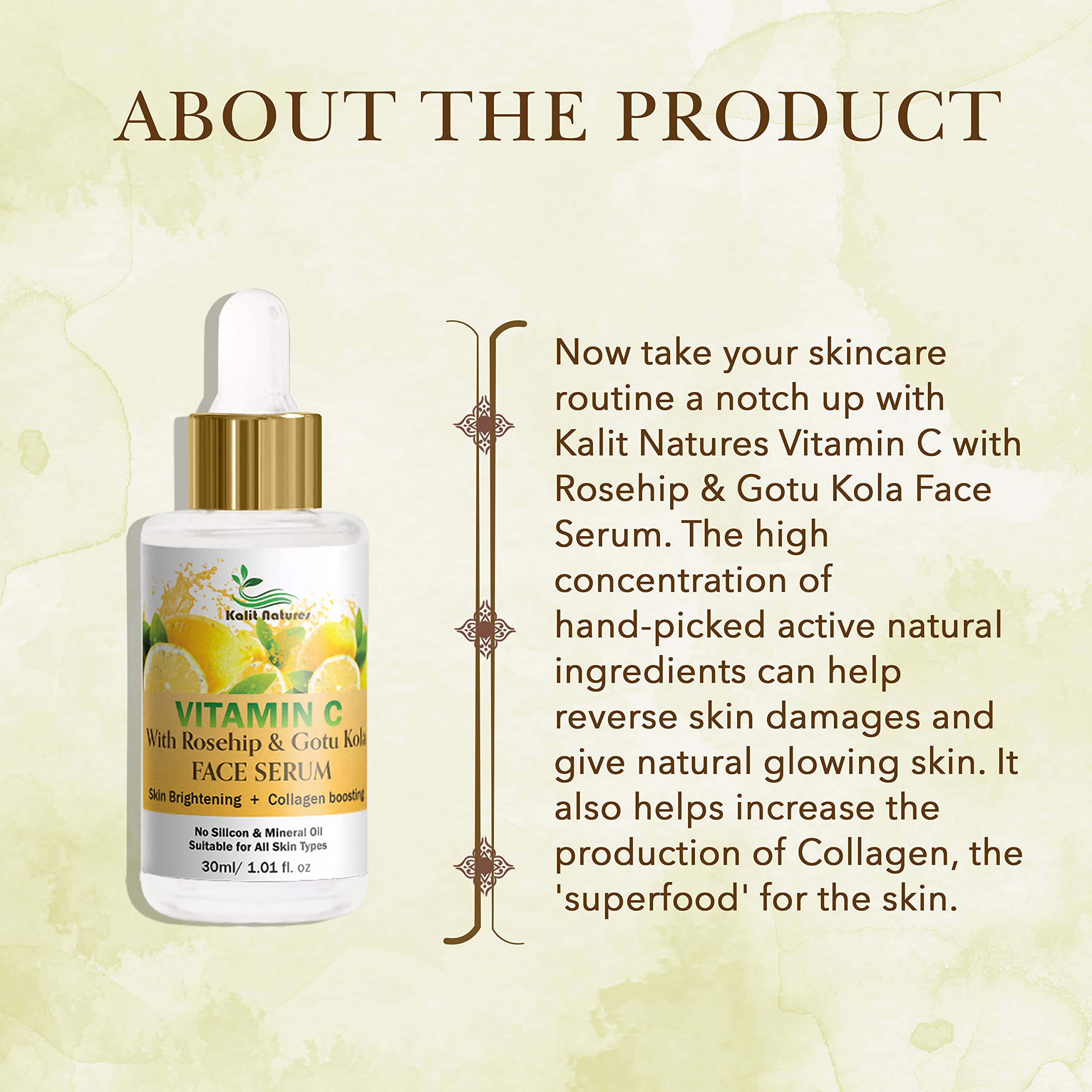 Kalit Natures Vitamin C Face Serum for Skin Brightening & Collagen Boosting with Rosehip & Gotu Kola - Silicon & Mineral Oil Free - Best for Dull Skin & Anti-Aging - Perfect for Morning Skincare Routine & Night Treatment