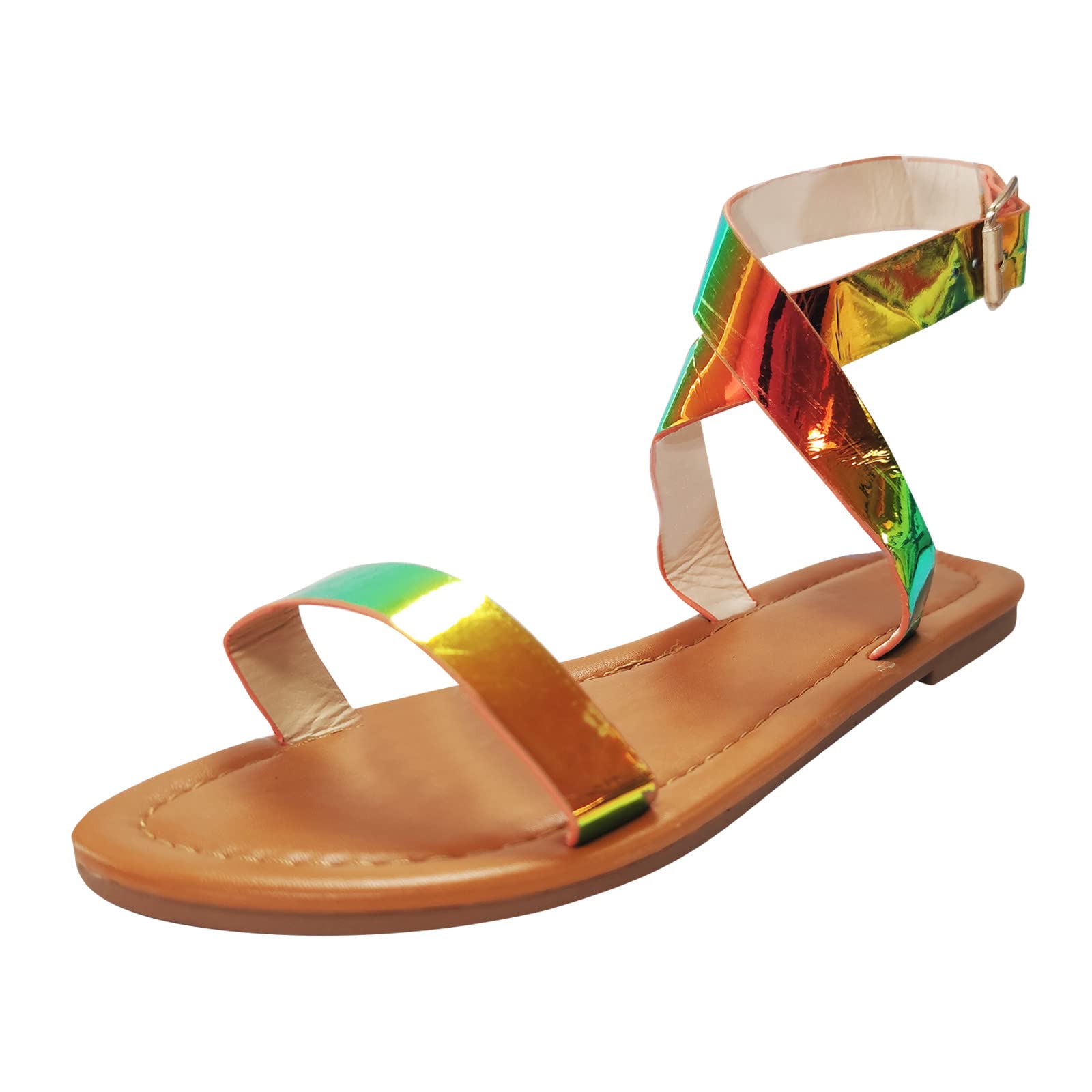 Women's Fashion Gold Glitter Leather Sandals - Size 8 | Summer Comfortable Open-Toe Shoes for Beach, Vacation & Casual Outings