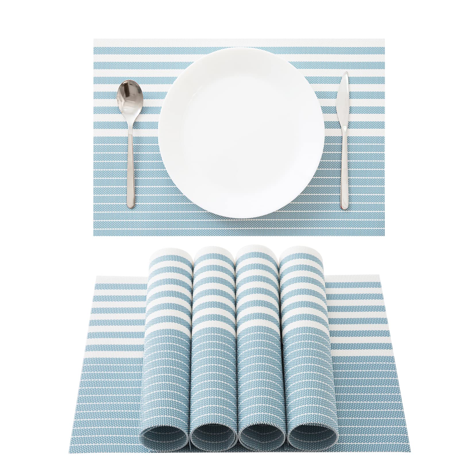 Merry Merchat Non-Slip Heat Resistant Waterproof PVC Placemats Set of 4 - Durable Washable Table Mats in Stripe Blue Design for Dining Table, Kitchen & Outdoor Picnics