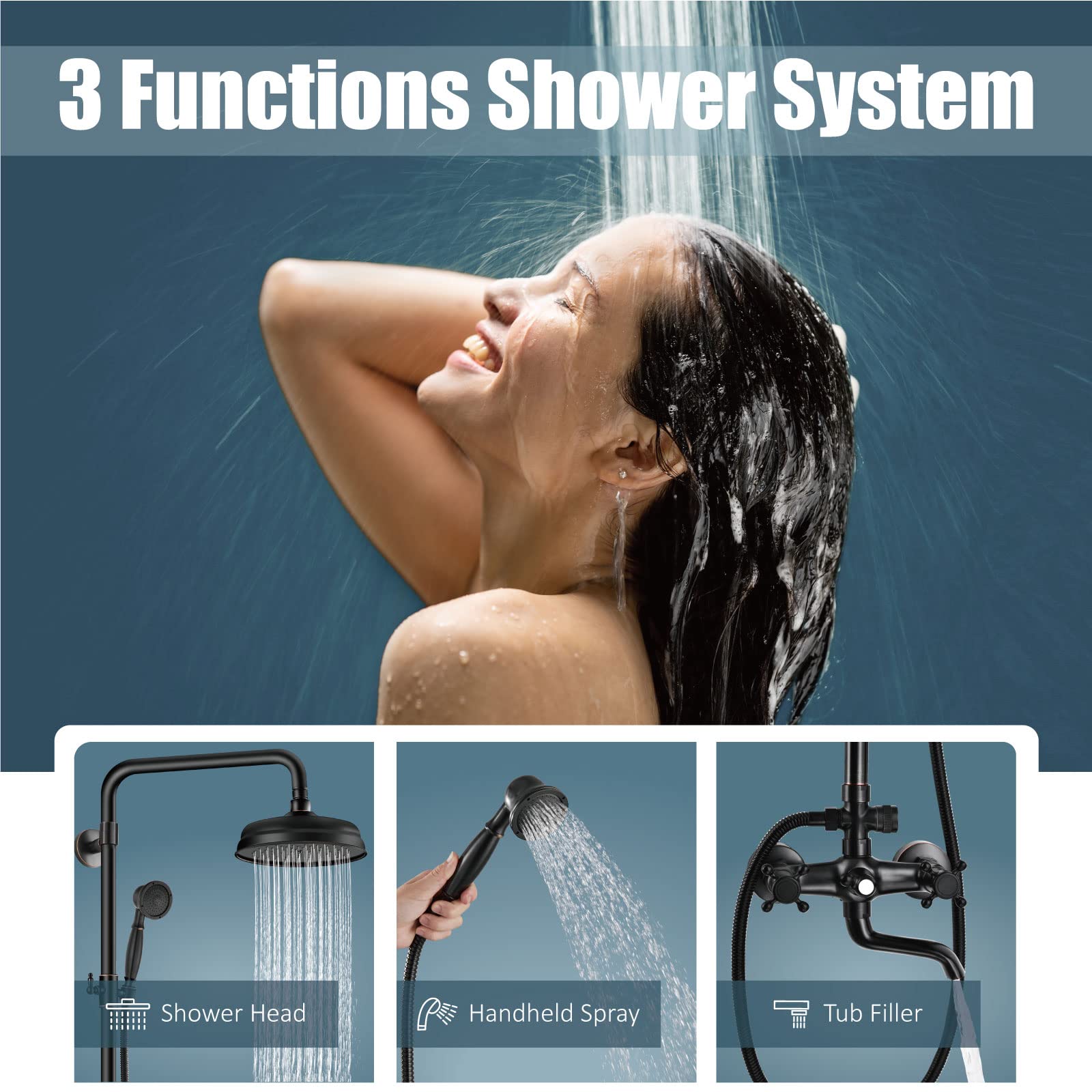 Aolemi Oil Rubbed Bronze Shower Faucet Set - 8 Inch Rainfall Shower Head with Mixer Valve, Cross Handle & Hand Spray for Bathtub | Bathroom Upgrade for Spa-Like Experience (Brass Construction, Easy Installation)